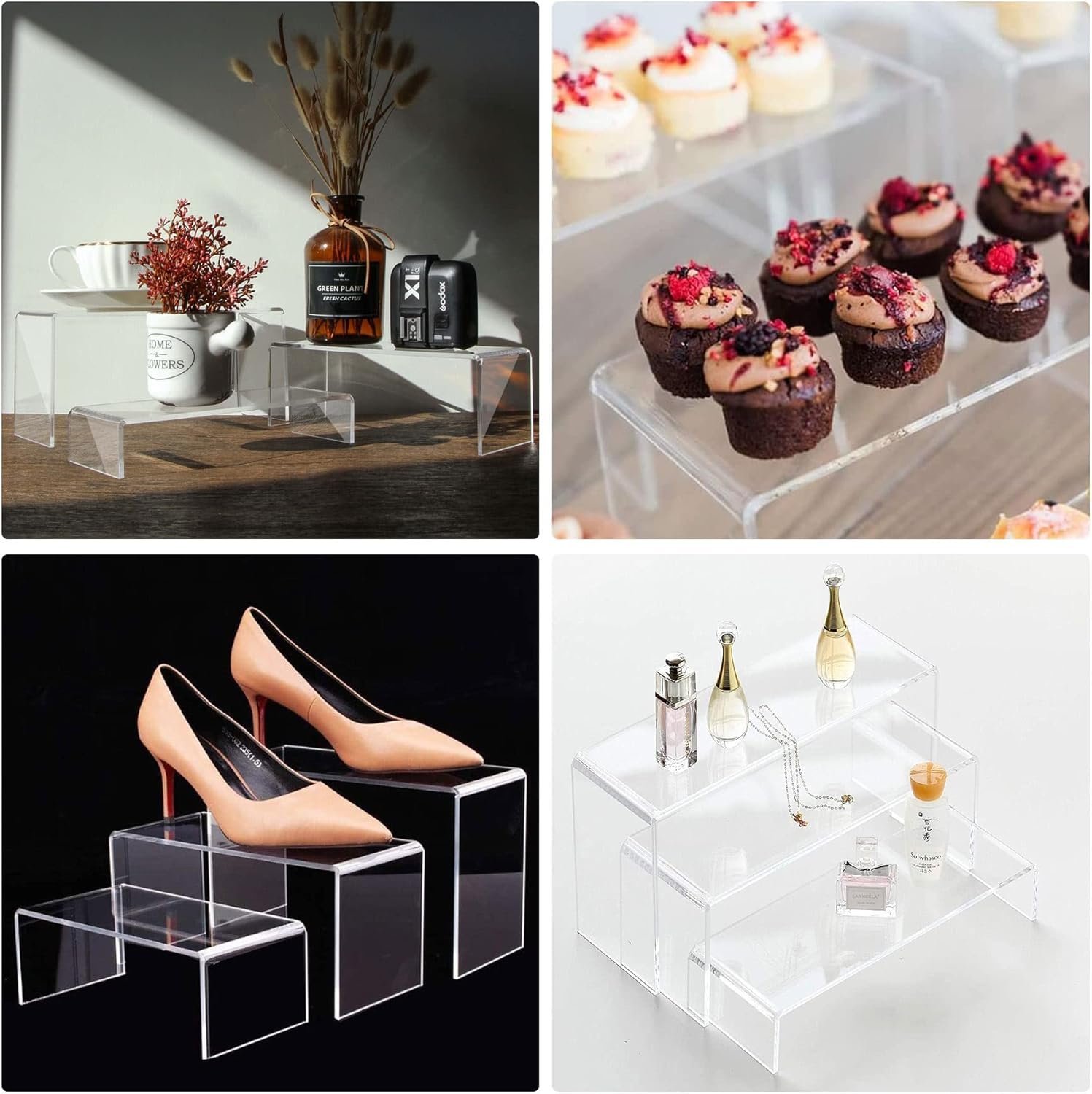 oem odm andgoo large acrylic display risers, 2 sets clear rectangular showcase collectibles display shelf, retail desktop risers display stand for organize and decoration factory & wholesale supplier