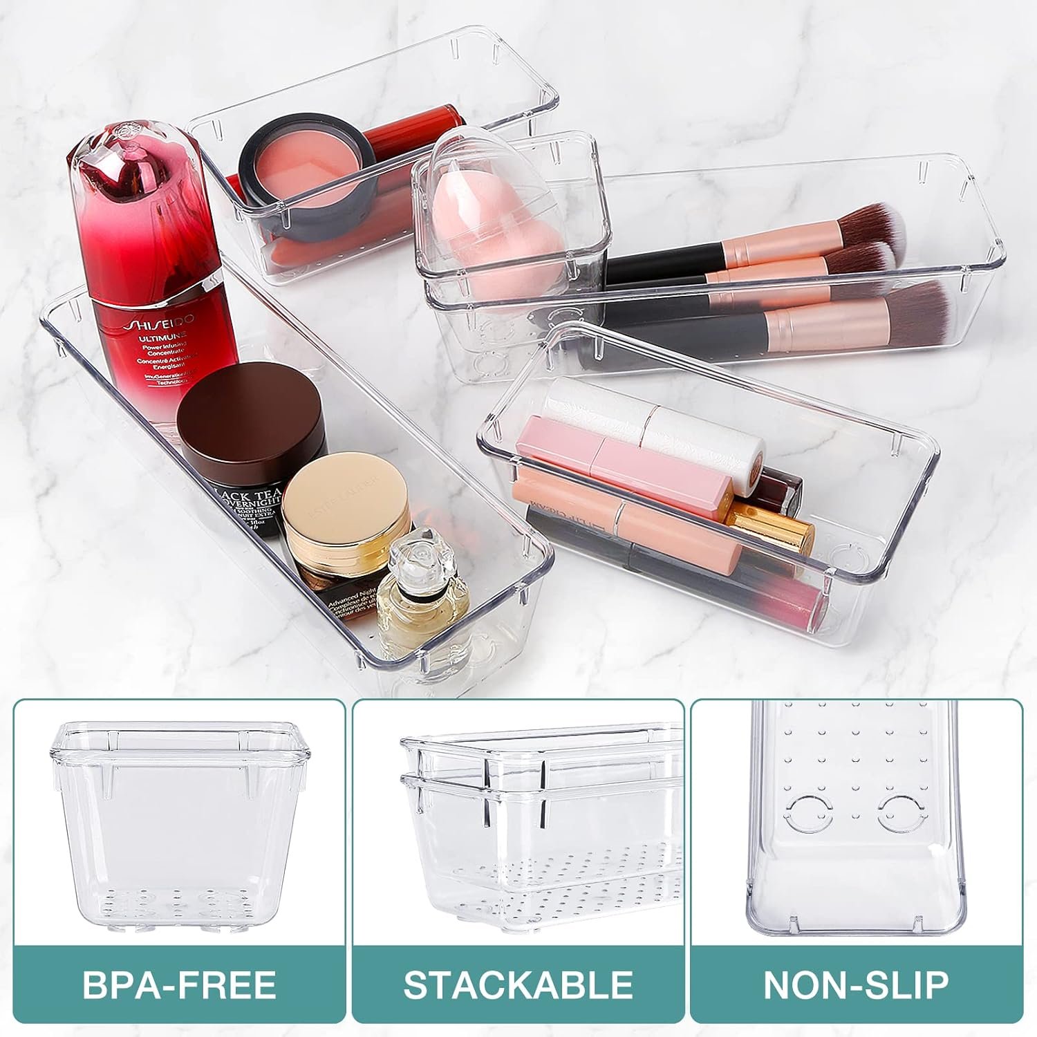 oem odm 16 pcs drawer organizer set, 5 varied size bathroom and kitchen drawer cabinet organizer trays, clear storage bins for makeup, jewelry, utensils and gadgets factory & wholesale supplier