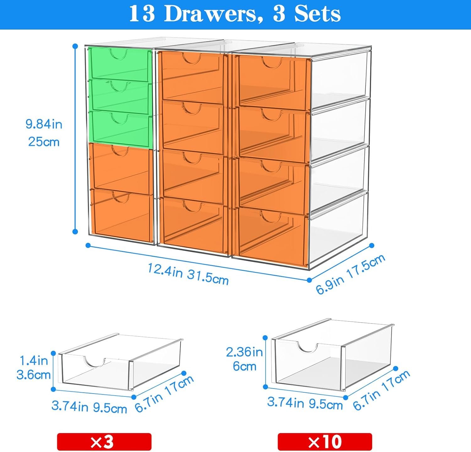 oem odm acrylic makeup organizer with 13 drawers, bathroom counter organizer, acrylic organizers, desk organizer, office supplies, storage drawers for cosmetic, pencil, coffee, etc 3 pack factory & wholesale supplier