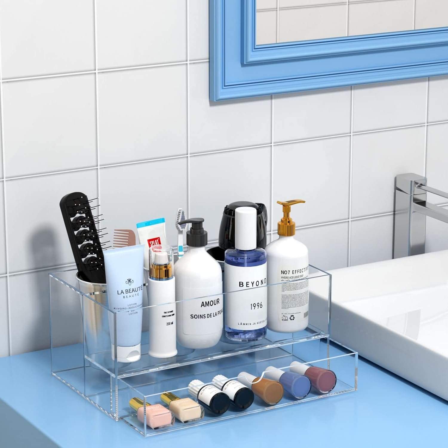 oem odm niubee hair tool organizer, clear acrylic hair dryer and styling organizer with drawer, bathroom countertop blow dryer holder, vanity caddy storage stand for accessories, makeup, toiletries factory & wholesale supplier
