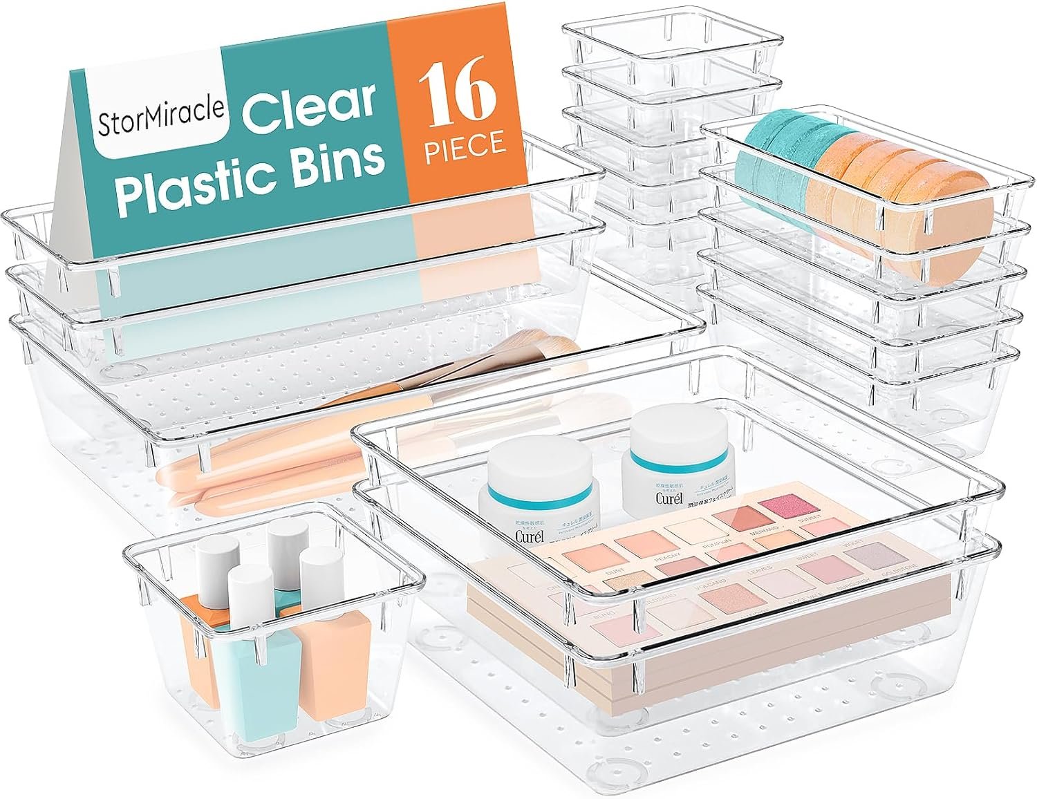 oem odm 16 pcs drawer organizer set, 5 varied size bathroom and kitchen drawer cabinet organizer trays, clear storage bins for makeup, jewelry, utensils and gadgets factory & wholesale supplier
