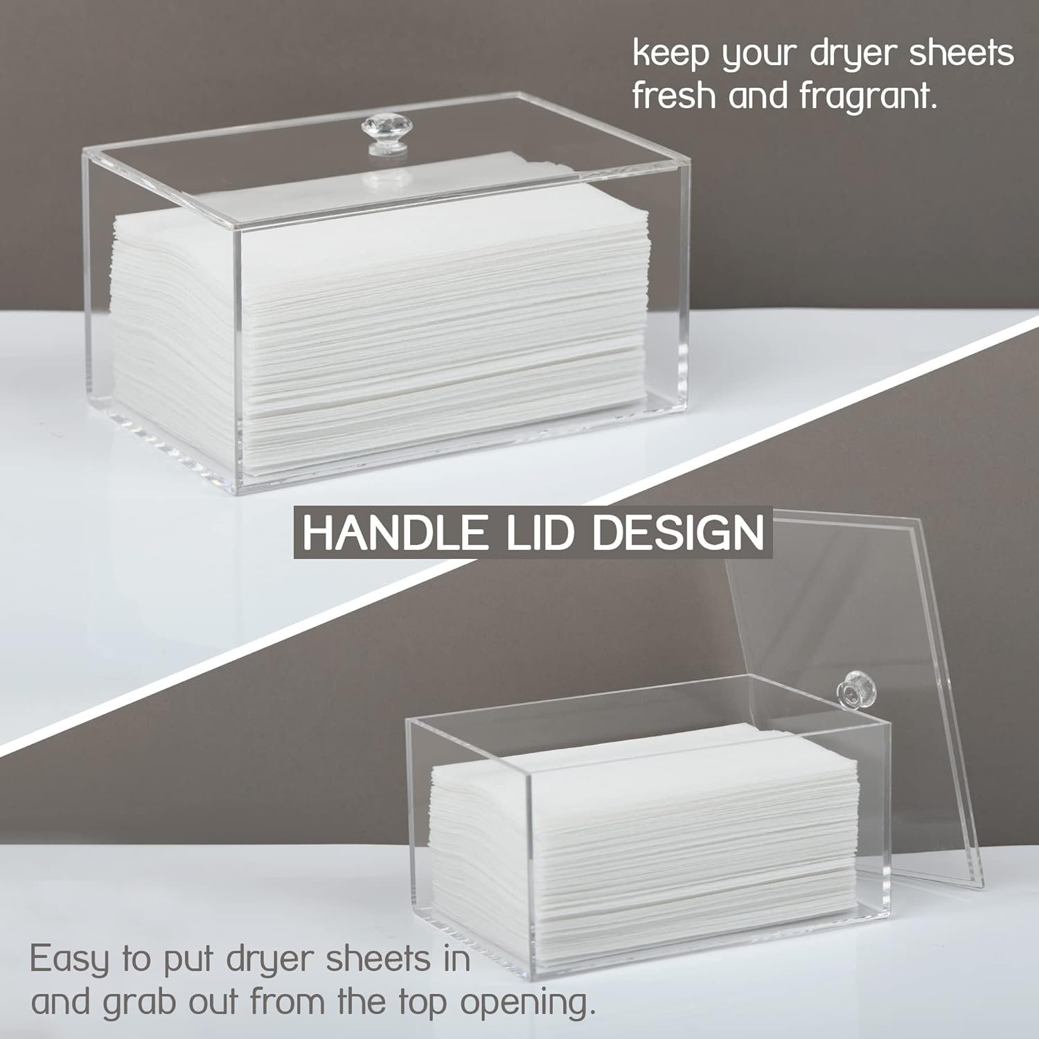 oem odm dryer sheet holder, dispenser, acrylic container storage box for laundry room organization, holds sheets, balls, clothes pins, laundry pods factory & wholesale supplier
