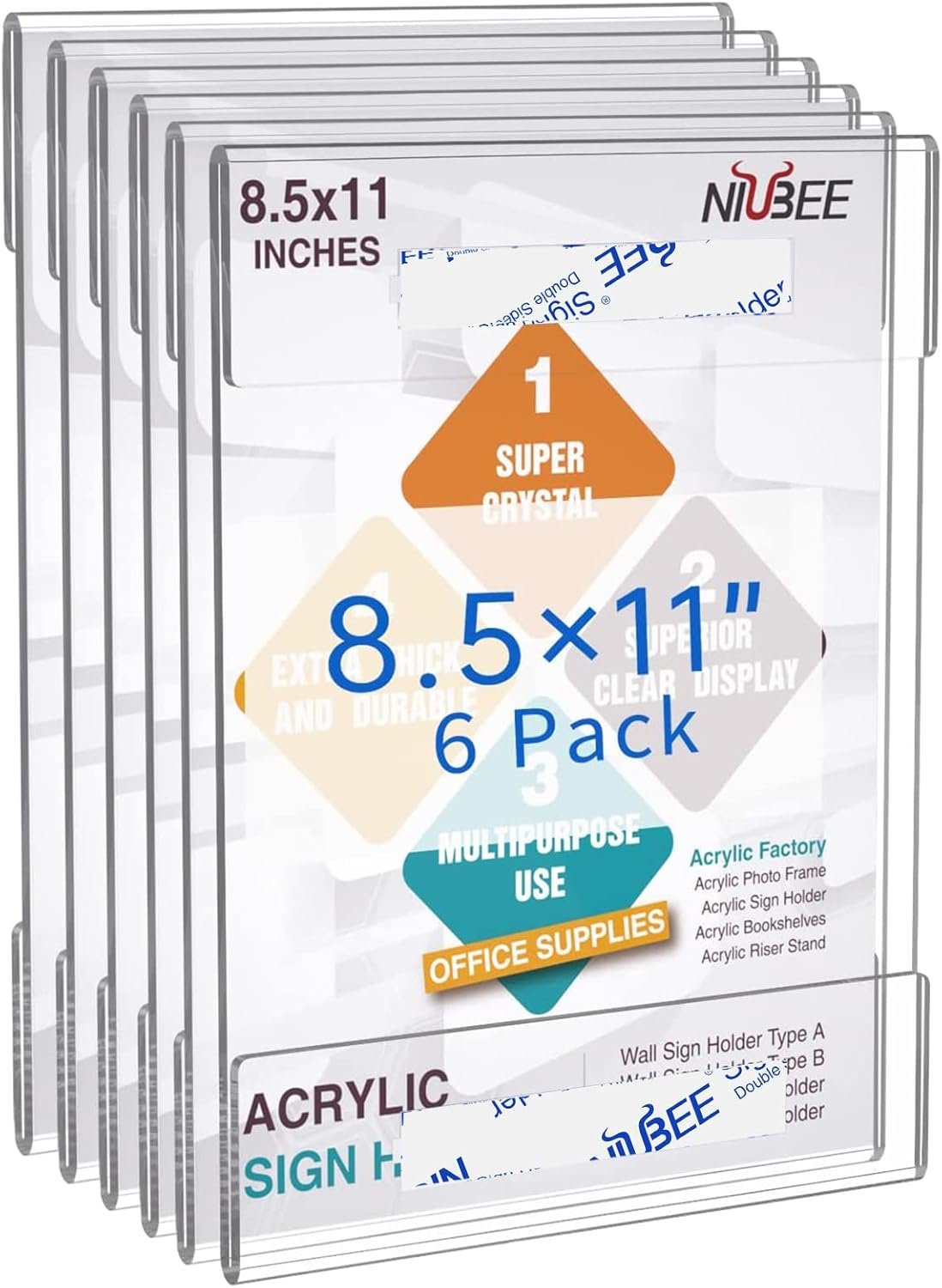 wholesale niubee 8.5x11 clear acrylic plexi sign holders with double sided adhesive tape, wall sign memo document menu holder for office, home, store, restaurant-no drilling (6 pack) factory & supplier oem odm