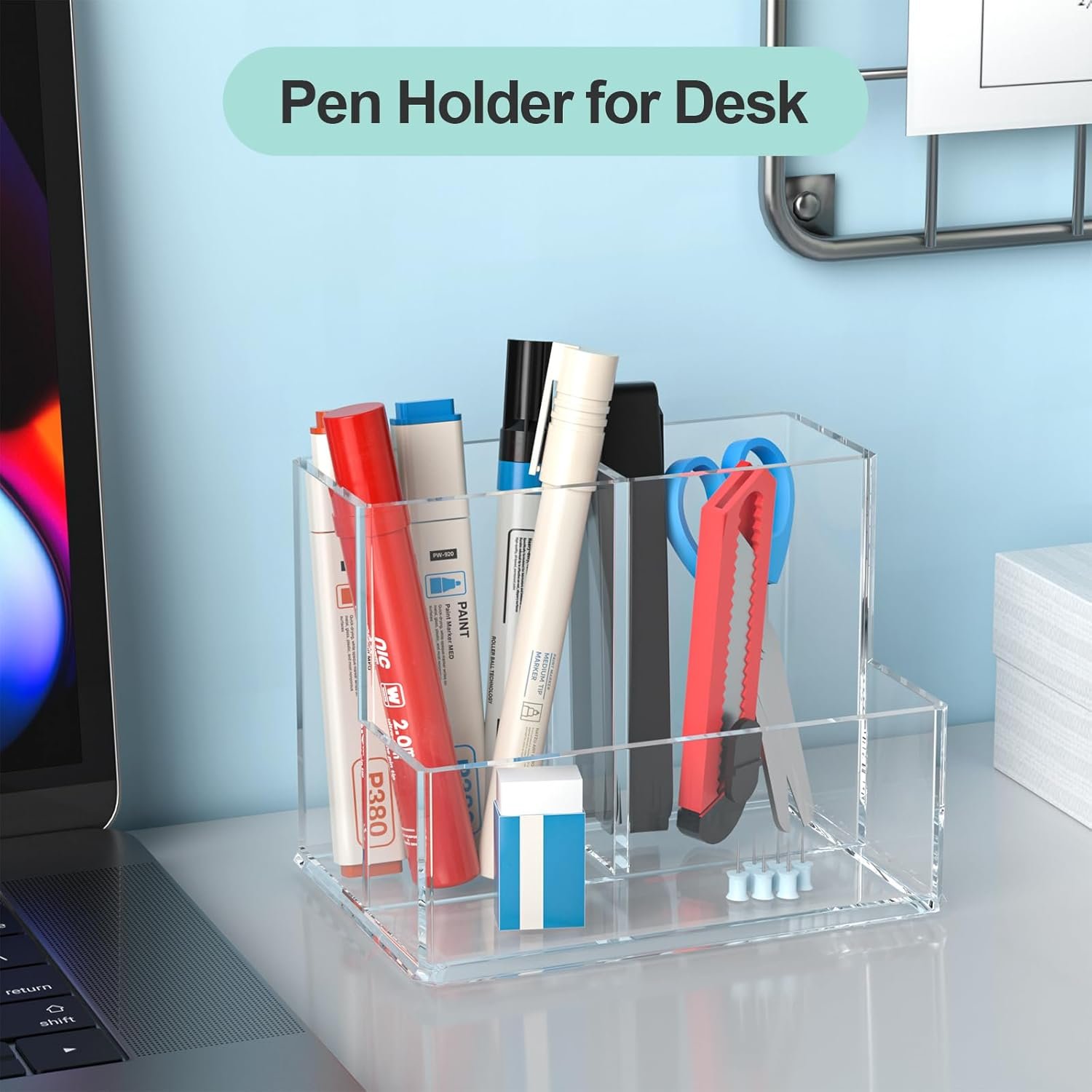 oem odm clear pen holder for desk, small acrylic pencil holder, compact makeup brush holder organizer for vanity, pen pencil organizer cup, office desk organizer and accessories, 3 compartment design factory & wholesale supplier