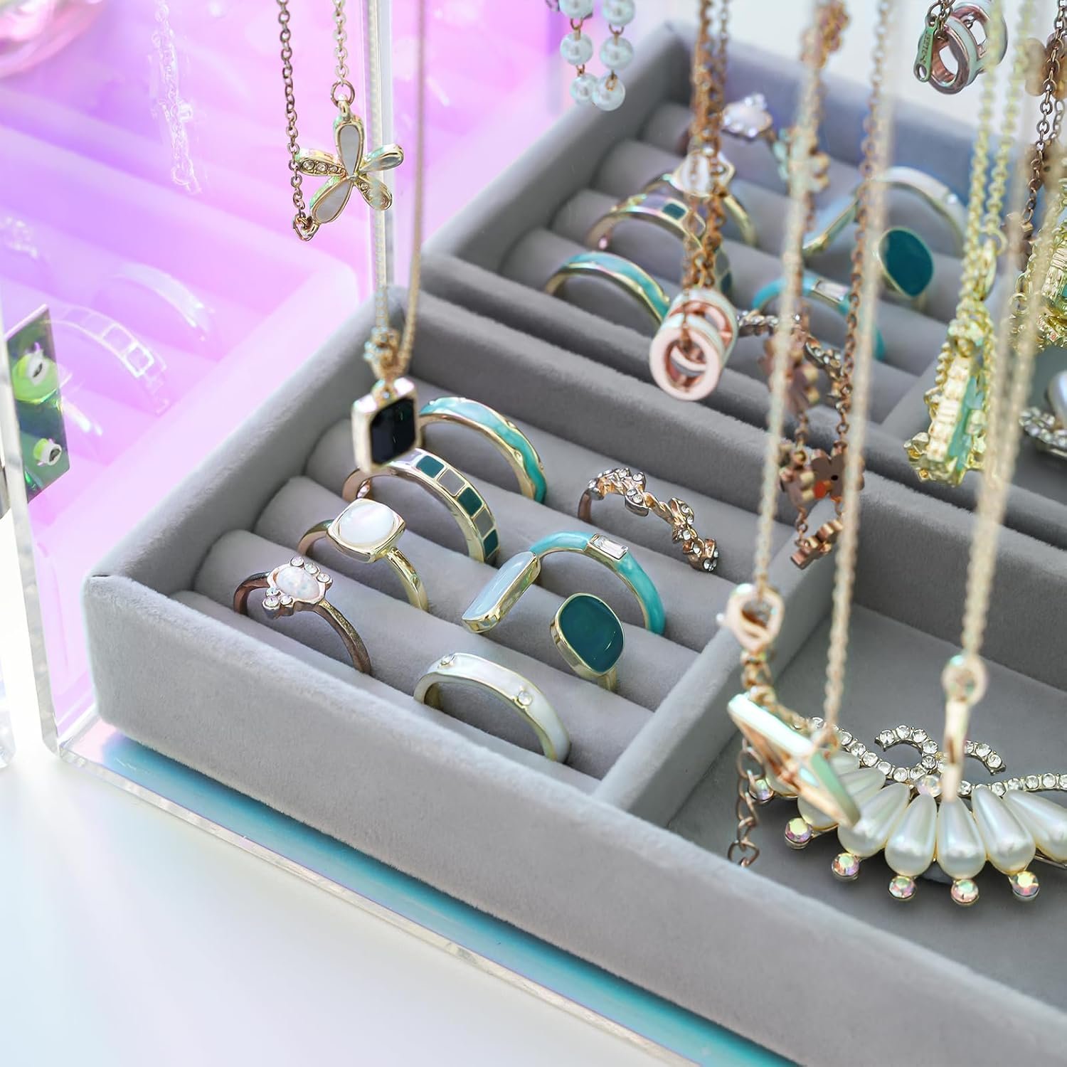 oem odm lolalet necklace holder organizer, acrylic jewelry organizer with 24 hooks, rotating clear necklaces display box with built-in mirror, dust-proof jewelry storage case with velvet tray -lasermirror factory & wholesale supplier