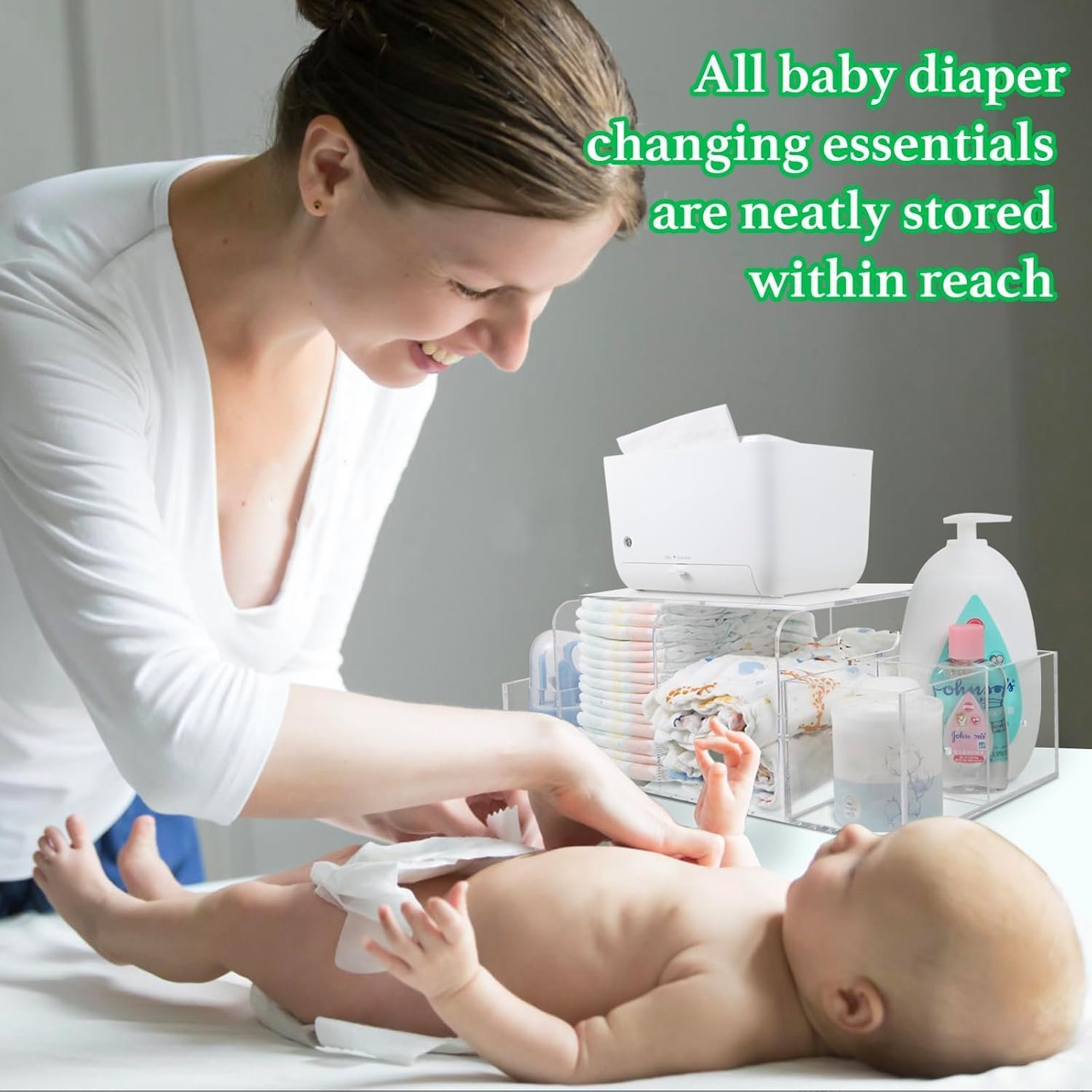 oem odm diaper caddy acrylic, baby changing table organizer, dresser tabletop organizer with 4 detachable compartments, storage for wipe dispenser, anti-slip rubber feet, newborn baby essentials, transparent factory & wholesale supplier