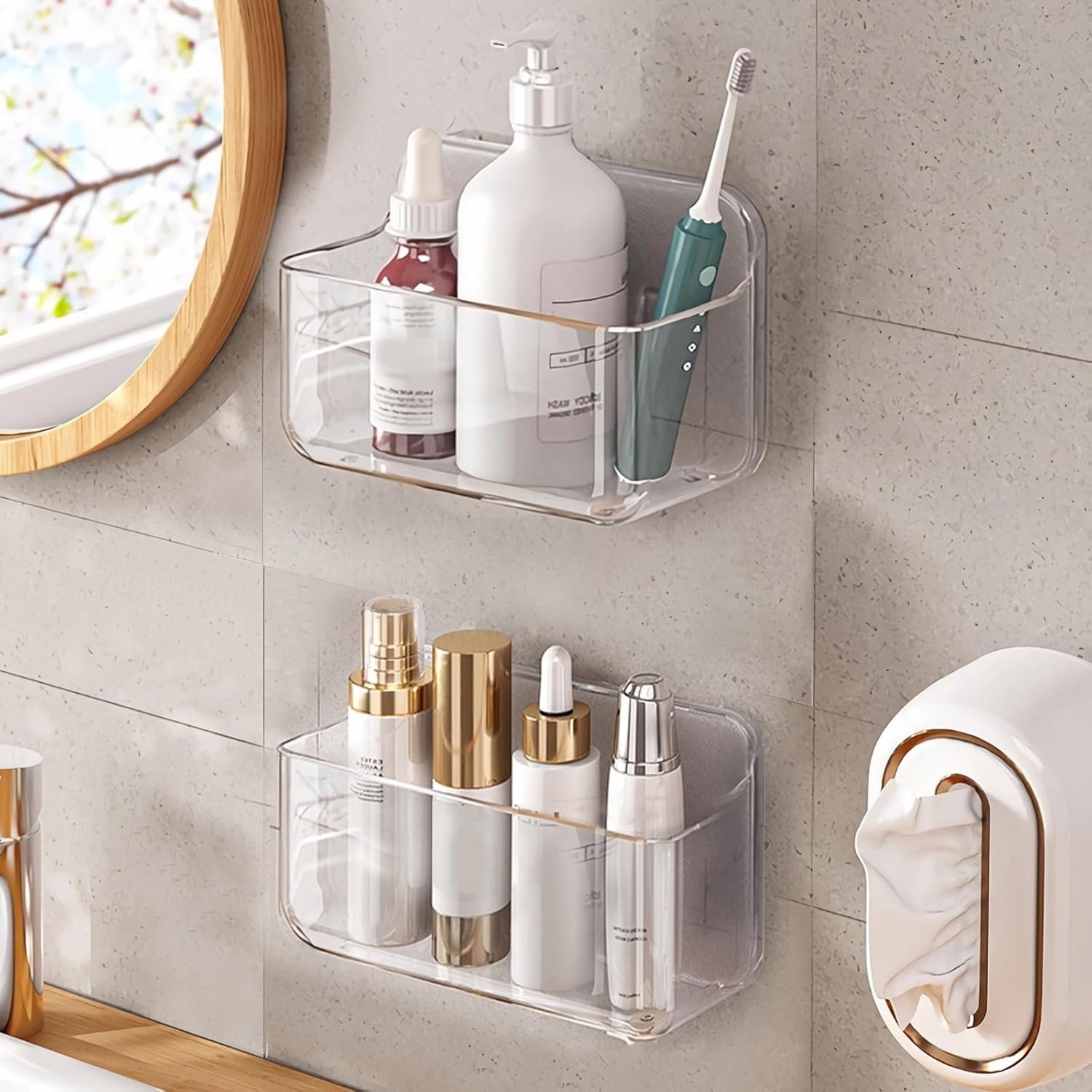 oem odm 2pc acrylic wall mount organizer, adhesive clear cabinet door organizer,acrylic shelves for wall,no drilling hang walls,with self adhesive tape, for bathroom, kitchen, living room factory & wholesale supplier