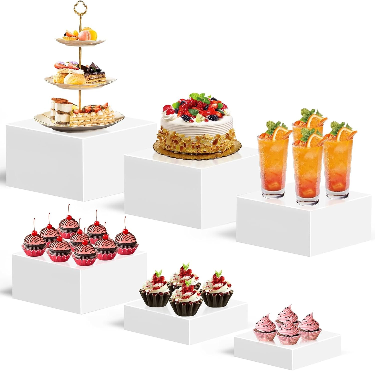 oem odm 6pcs buffet risers, food risers for buffet table, buffet risers and stands, acrylic white boxes for food display, white acrylic cube boxes big size(10