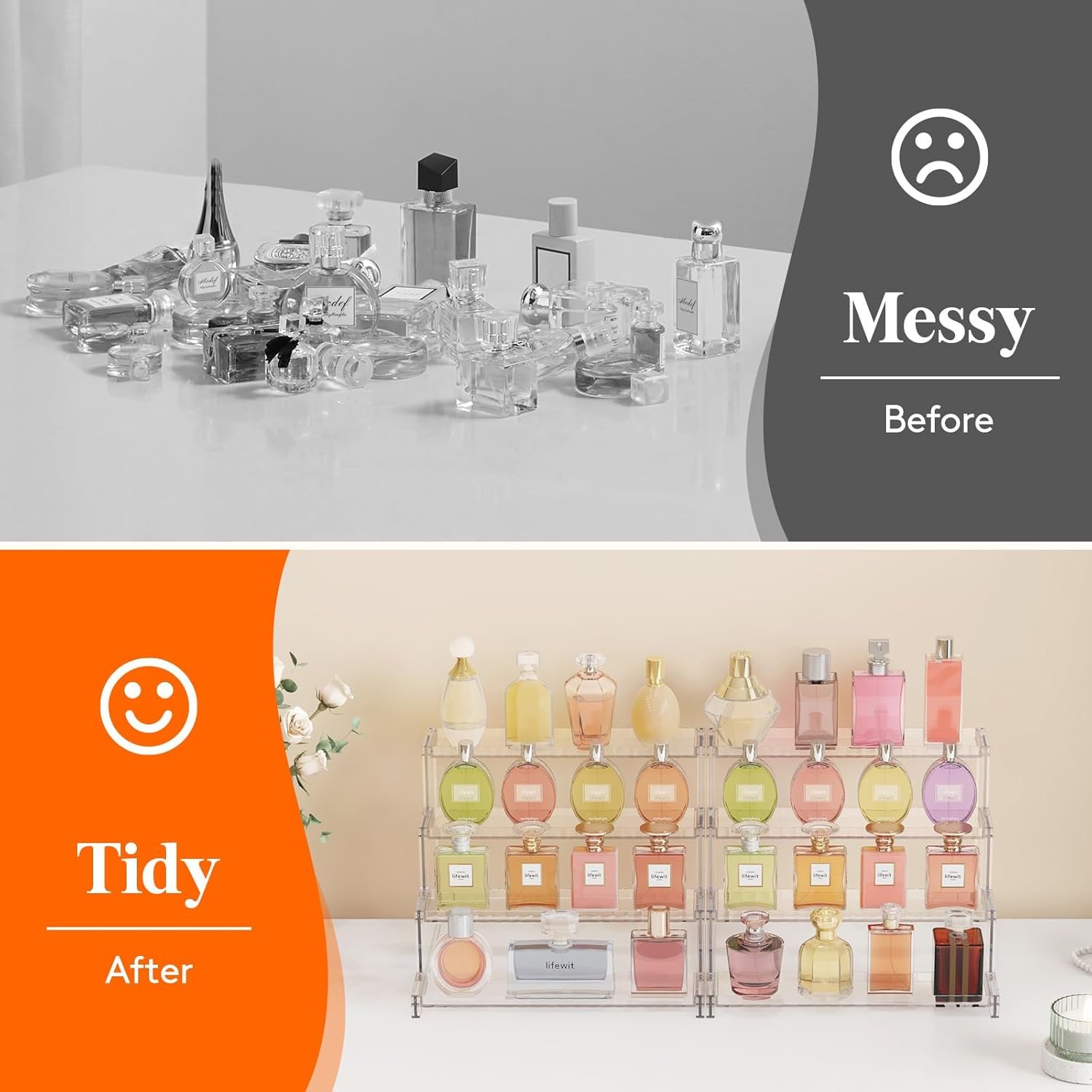 oem odm lifewit 4 tier clear display risers stand with decorative fences, plastic perfume organizer, display for figures, cupcake, dessert, desktop stand for organization and decor, 2 pack, 12inch factory & wholesale supplier