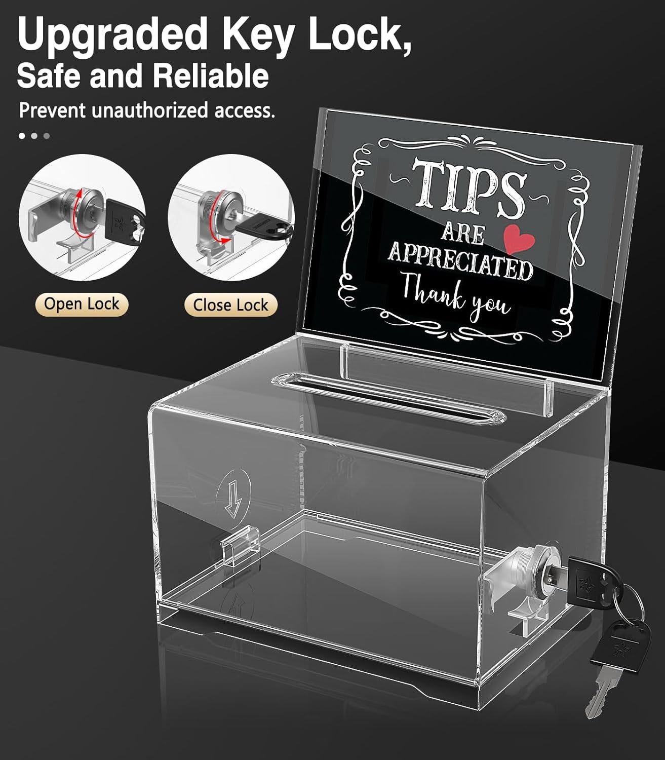 oem odm moko acrylic donation box with lock, clear ballot suggestion box with sign holder for fundraising donation voting collection, raffle, tips jar, 6.2