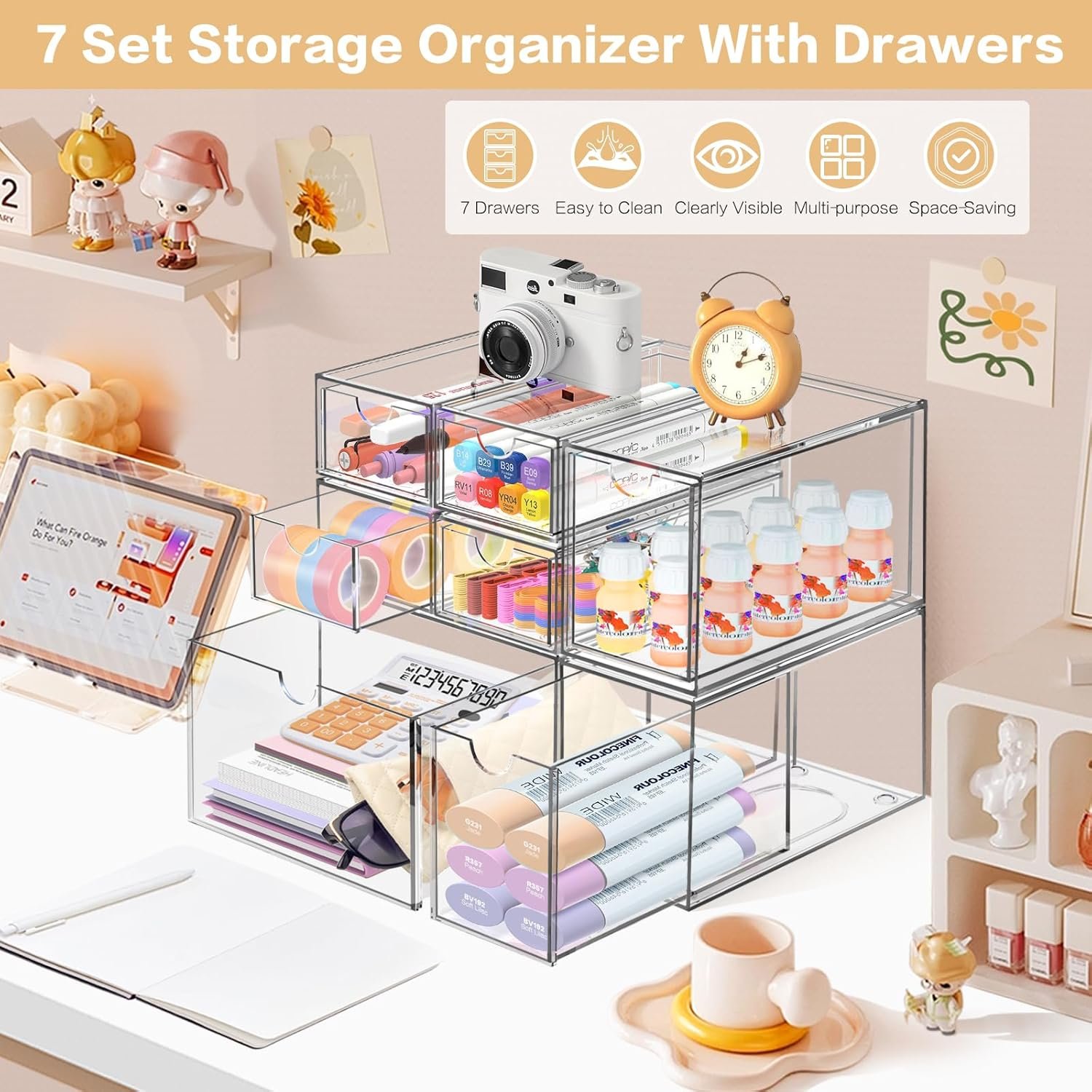 oem odm desk organizer with 7 drawers, fodiens 7 packs acrylic stackable desktop storage drawers makeup organizer, clear craft storage box cabinets for office vanity countertop bathroom bedroom factory & wholesale supplier