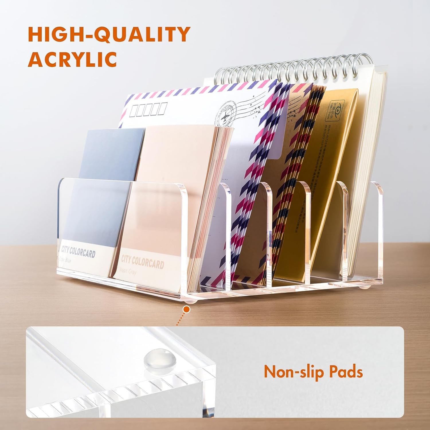 oem odm beygorm acrylic mail holder, clear desk organizer with divider, vertical letter sorter for desktop, 5 compartments modern office home envelope organizer for bill, document, notebook factory & wholesale supplier