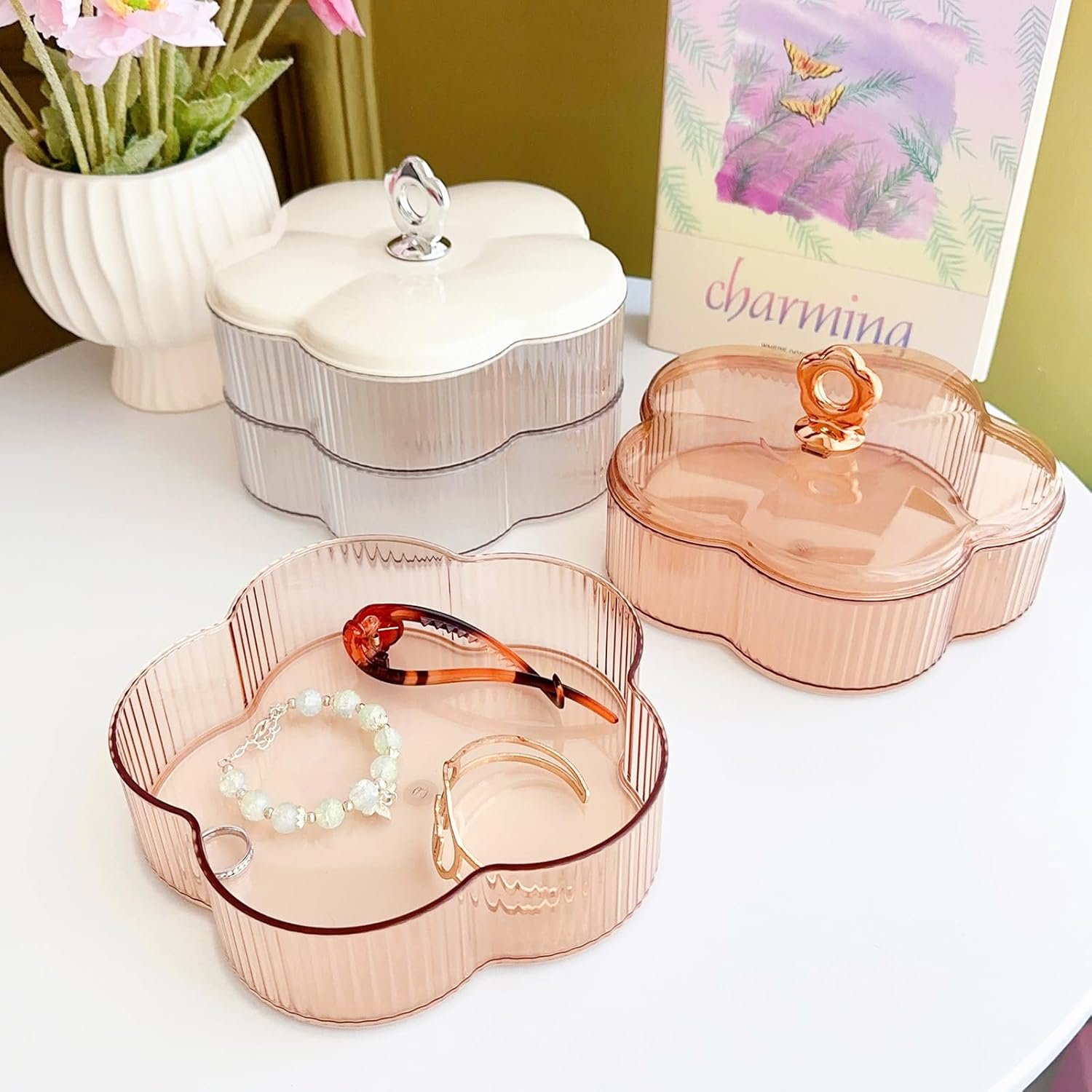 oem odm wlz acrylic clear jewelry organizer box 2-layer with handle, cute floral shaped jewelry storage box earrings rings holder with lid necklaces bracelets container boxes for women girls (clear white) factory & wholesale supplier