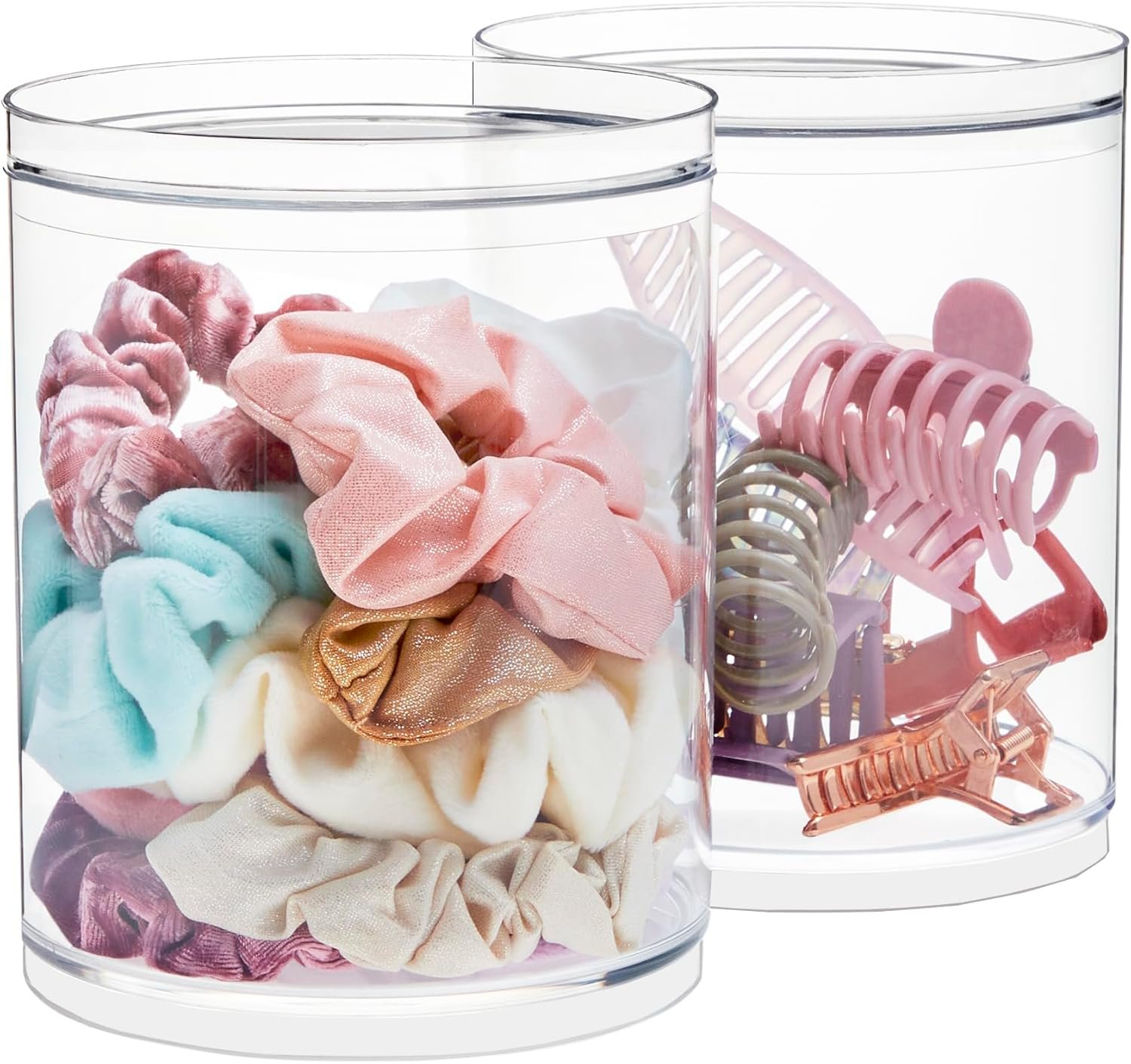 oem odm stori bella tall scrunchie holder | stackable clear plastic container (set of 2) round vanity storage organizers with lids for hair accessories & beauty supplies | made in usa factory & wholesale supplier