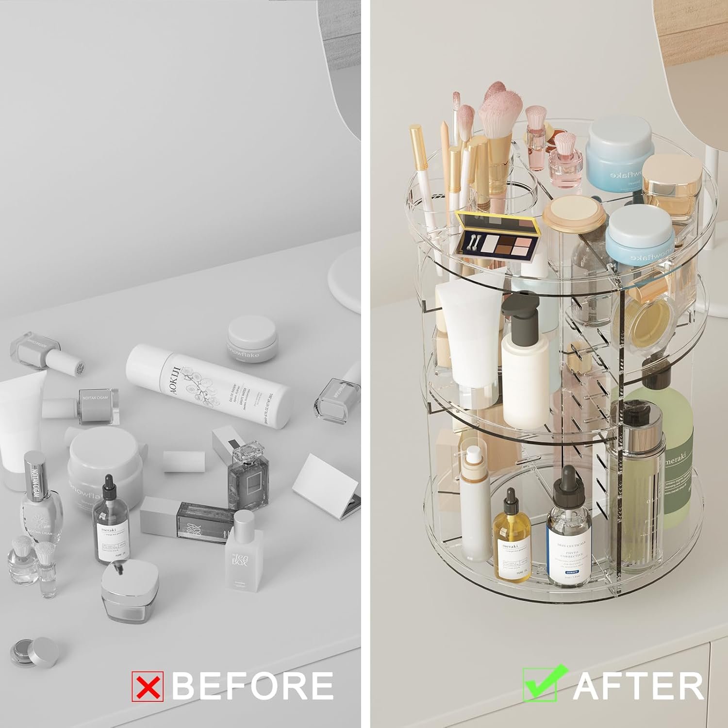 oem odm rotating makeup organizer, diy 8 adjustable layers spinning skincare organizer, cosmetic display case with brush holder perfume tray, multi-function storage carousel for vanity bathroom countertop factory & wholesale supplier