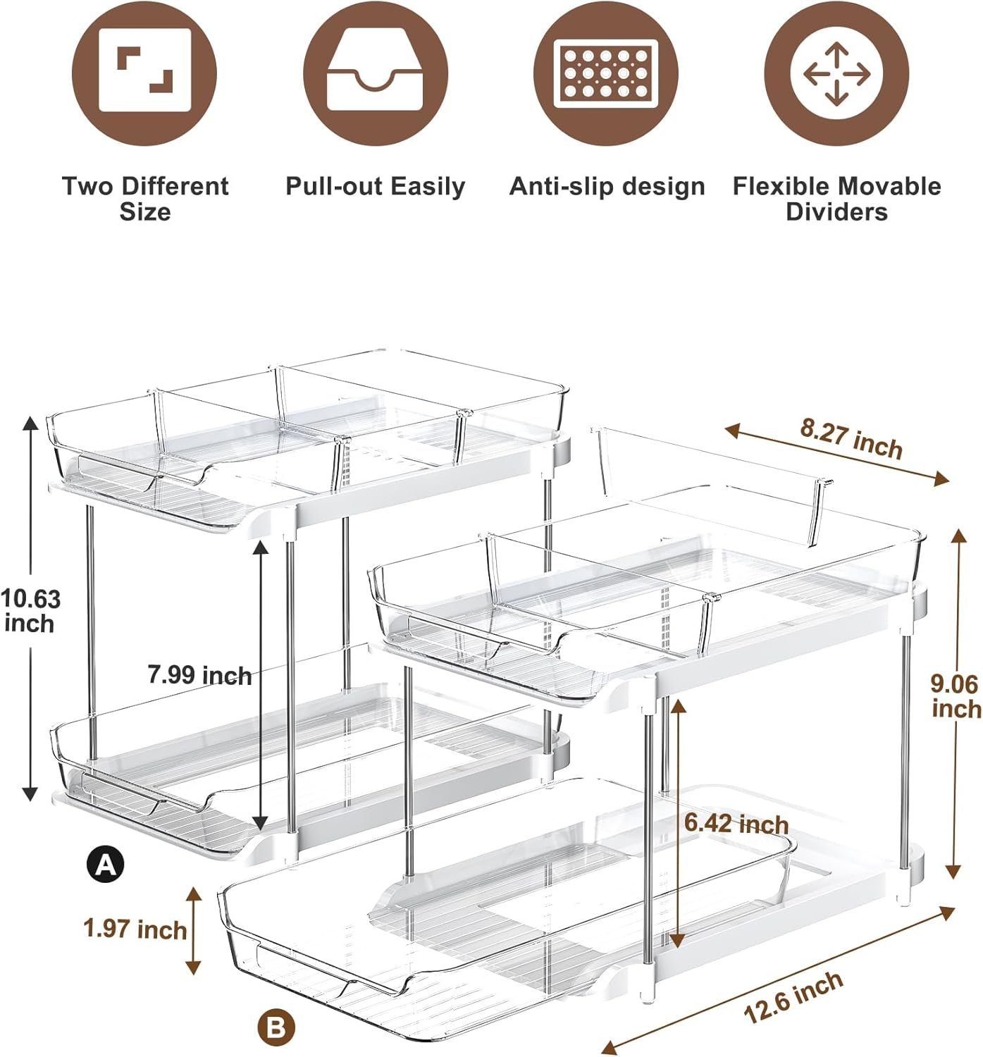 oem odm delamu 2 sets of 2-tier multi-purpose bathroom under sink organizers and storage, stackable kitchen pantry organization, pull out medicine cabinet organizer with 8 movable dividers factory & wholesale supplier