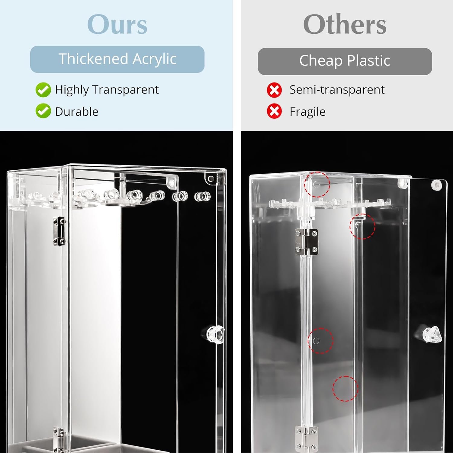 oem odm lolalet necklace holder organizer, acrylic jewelry organizer with 24 hooks, rotating clear necklaces display box with built-in mirror, dust-proof jewelry storage case with velvet tray -lasermirror factory & wholesale supplier