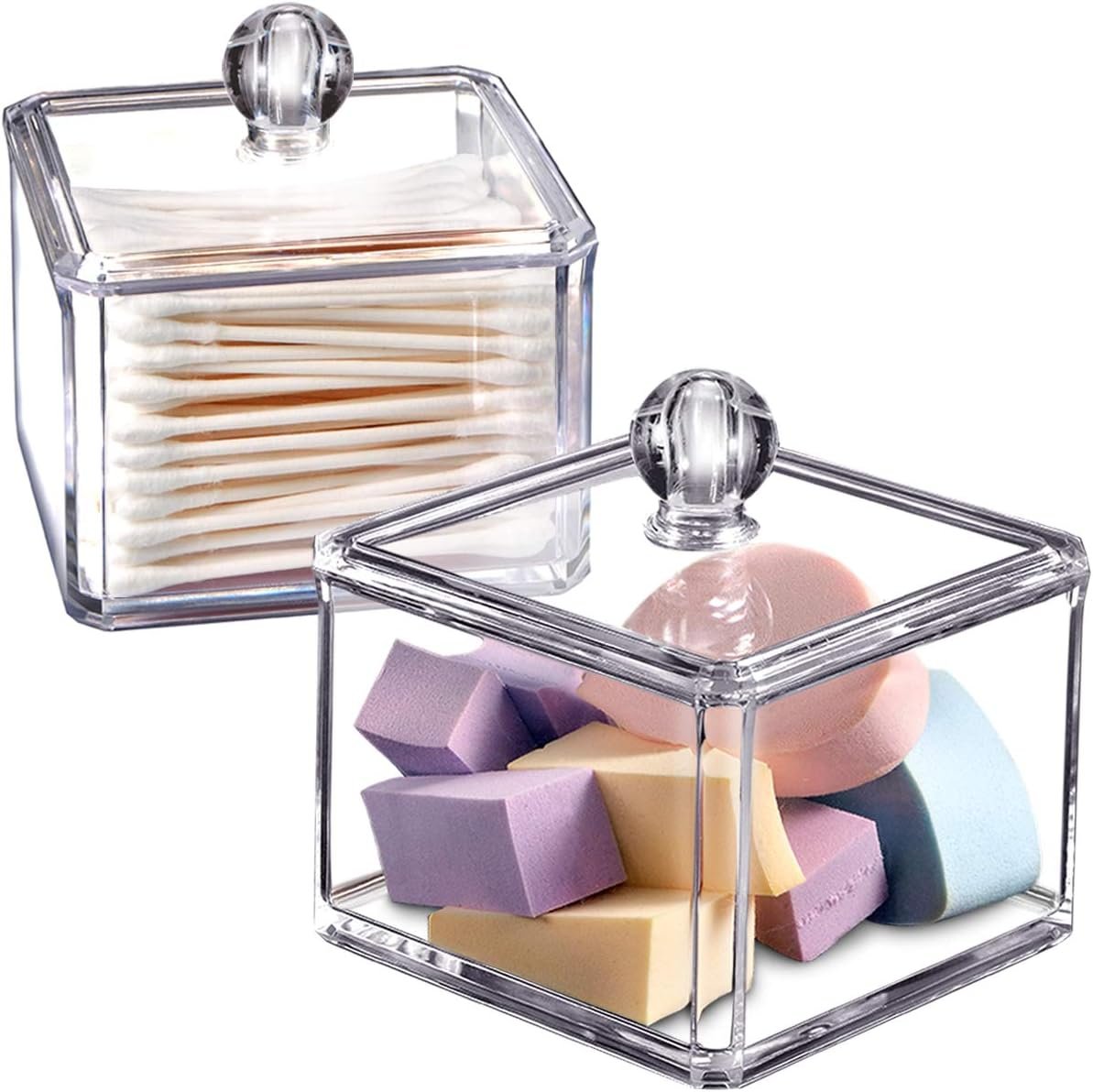 oem odm modern square qtip holder acrylic bathroom vanity countertop storage organizer canister jar for cotton swabs, rounds, balls, makeup sponges, bath salts - 2 pack - clear factory & wholesale supplier