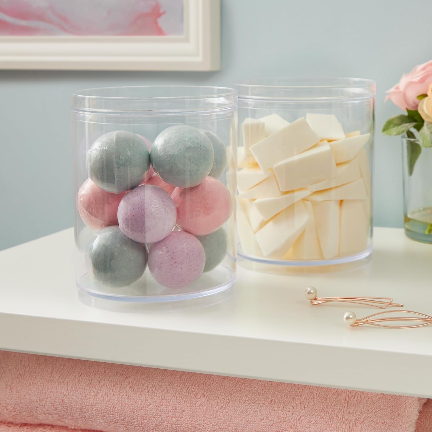 oem odm stori bella tall scrunchie holder | stackable clear plastic container (set of 2) round vanity storage organizers with lids for hair accessories & beauty supplies | made in usa factory & wholesale supplier