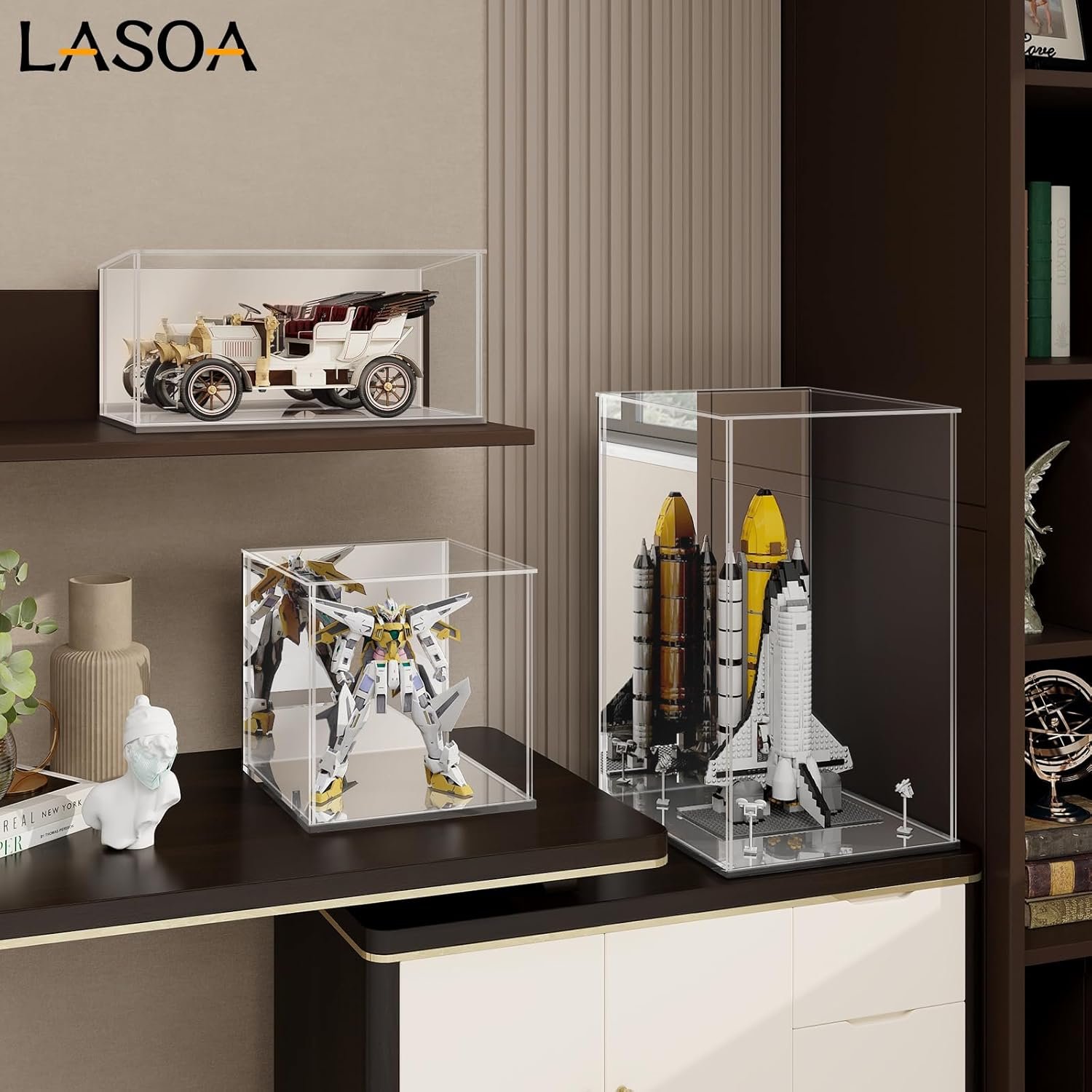 oem odm lasoa acrylic display case for collectibles – clear display box with mirrored back and base, self-assembly small showcase for figurines, models, and memorabilia, 4x4x6inch factory & wholesale supplier