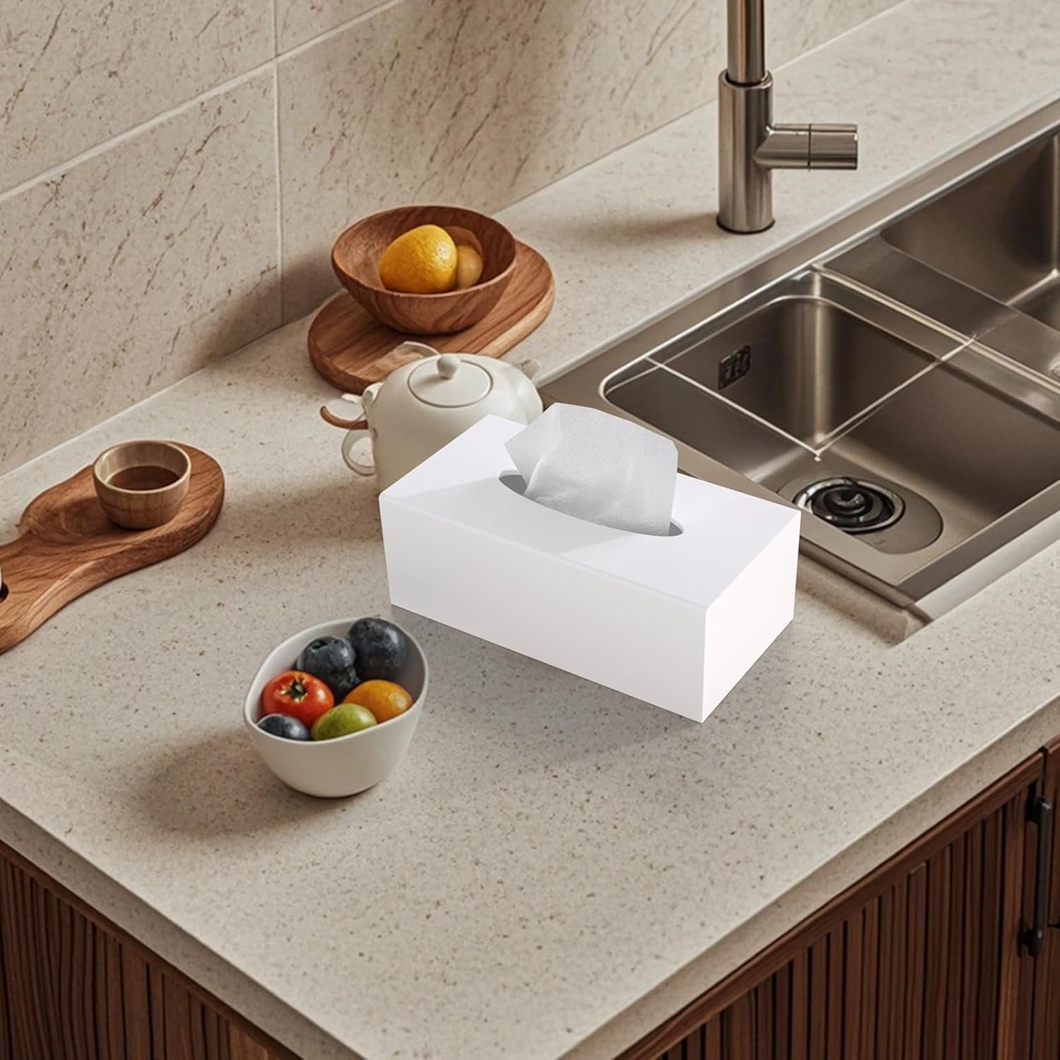 oem odm tissue box cover, pitbvo acrylic tissue box holder rectangle tissue box cover, handmade facial tissue holder napkin dispenser for bathroom kitchen bedroom office(matte white, 9.85