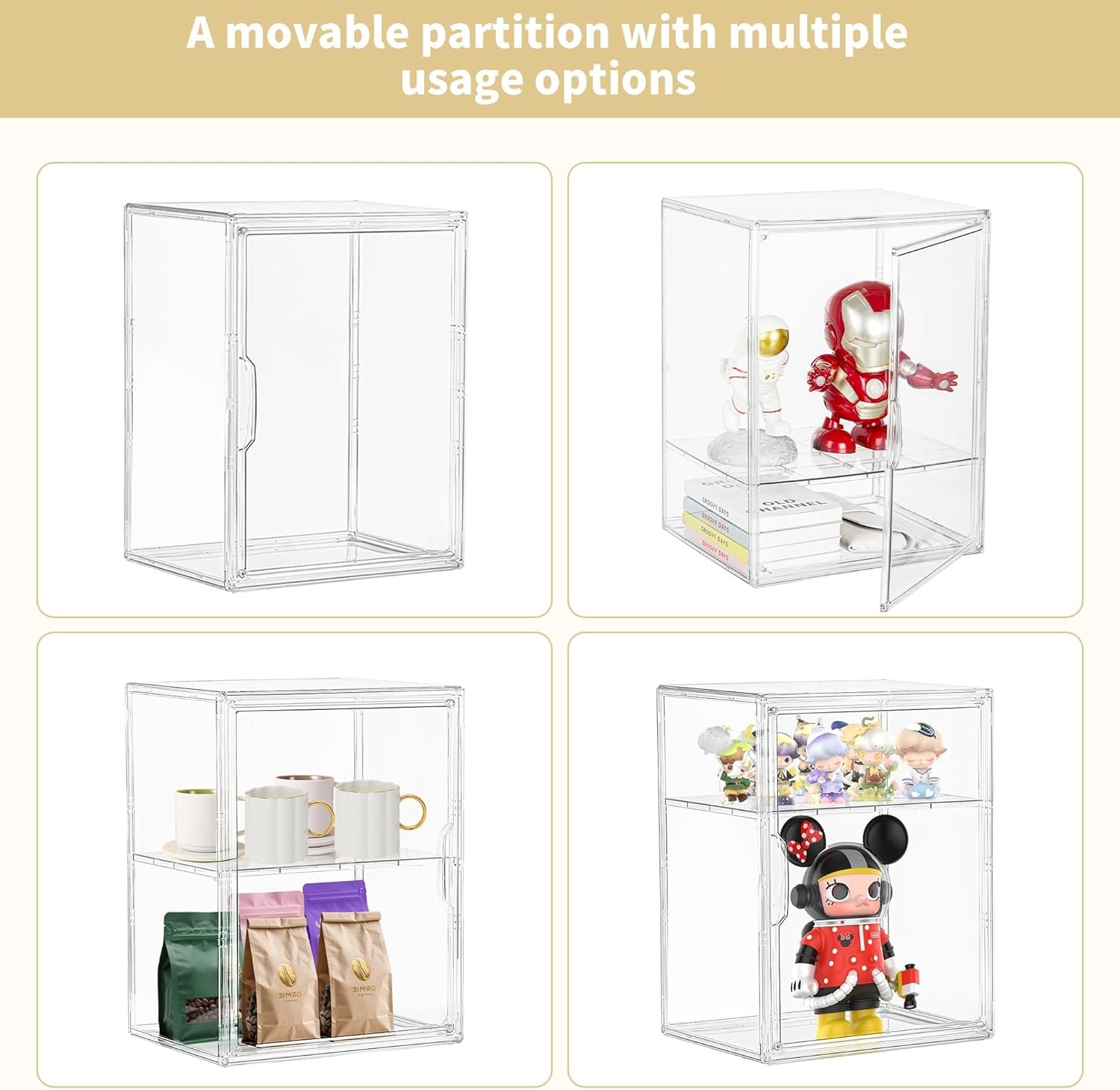 wholesale acrylic display case for collectibles, clear storage bin with 3 adjustable layers and1 removable divider, stackable clear storage box with magnetic door for figures, home or office,large,2pack factory & supplier oem odm