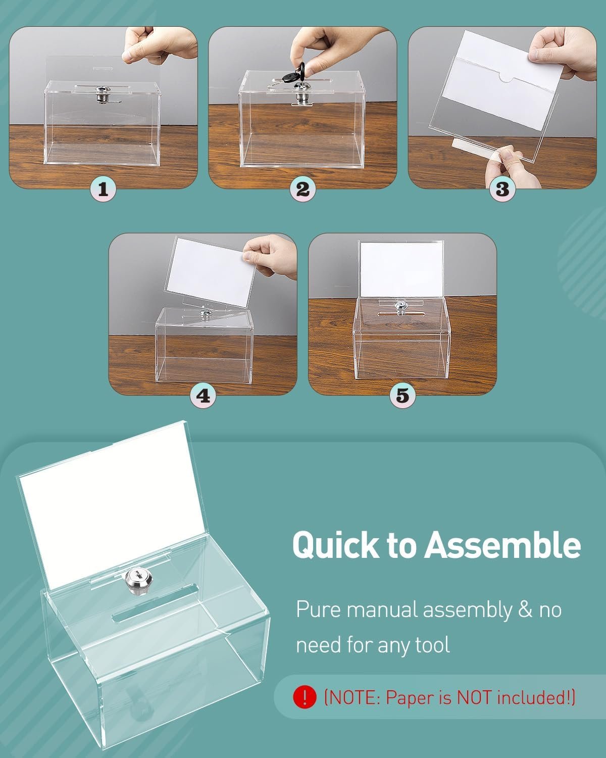 oem odm uniclife acrylic donation box for fundraising, clear suggestion box with slot and lock, ballot box with sign holder, plastic storage container for voting charity tip collection, 6.3