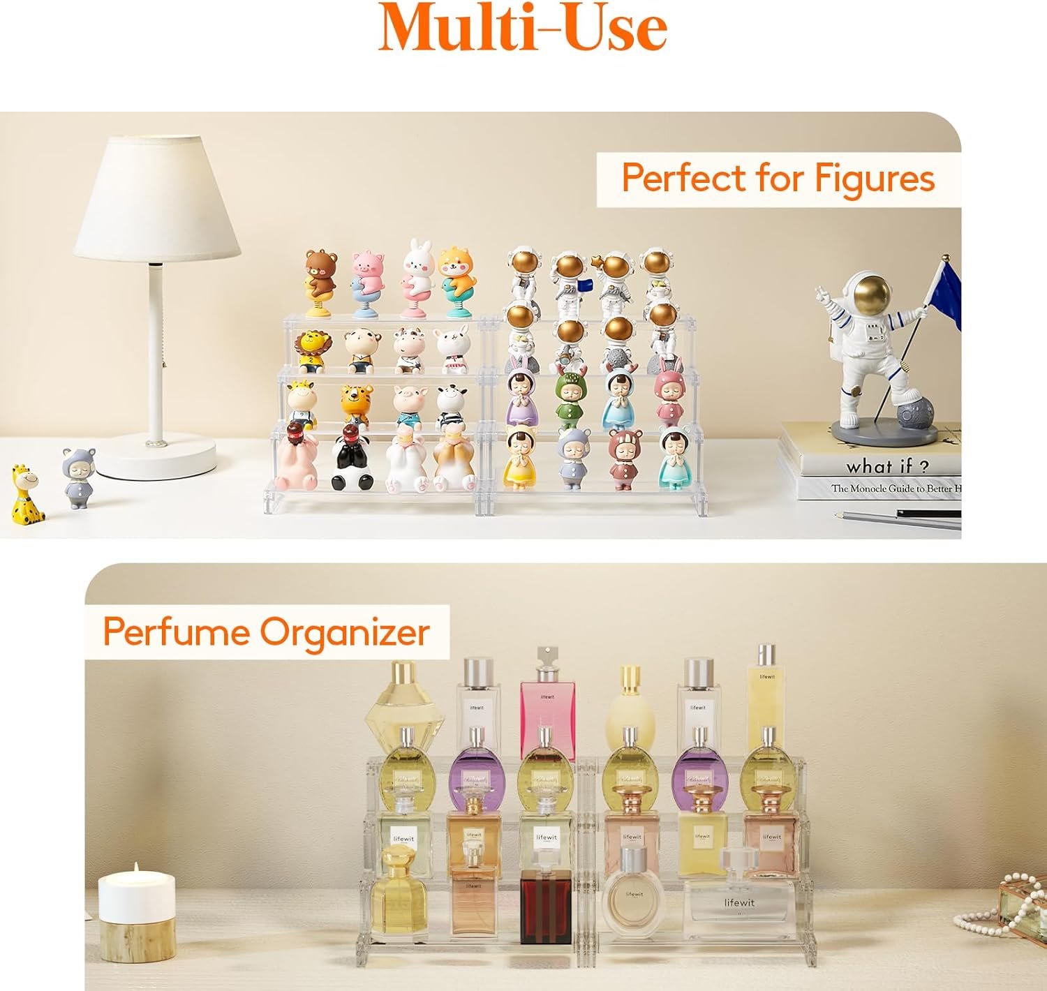 wholesale lifewit 4 tier clear display risers stand, 2 pack plastic risers for display, plastic organizers for figures, cupcake, perfume, dessert, desktop display stand for organize and decoration factory & supplier oem odm