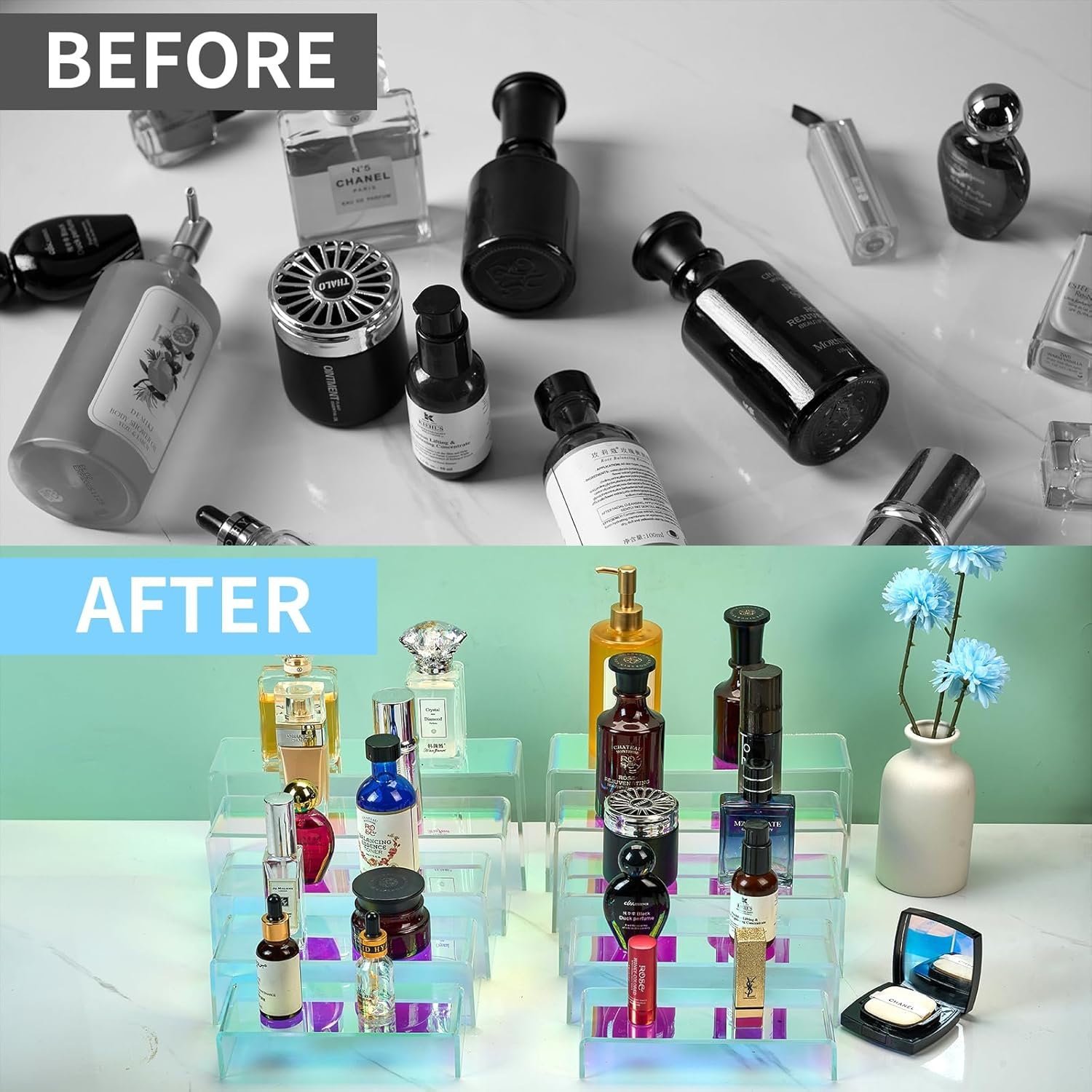oem odm handmake iridescent risers display stands, 10 pack durable acrylic product shelf riser for retail, colorful rectangle showcase stand for vendor display perfume jewelry purses clutch figure collectible factory & wholesale supplier
