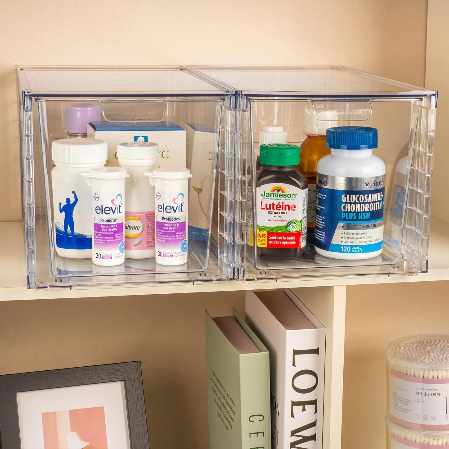 oem odm 2pack large stackable kitchen storage drawers, clear foods organizer bins with handles, easily assemble for bathroom, kitchen, pantry, cabinet, closet(xl-up handle) factory & wholesale supplier
