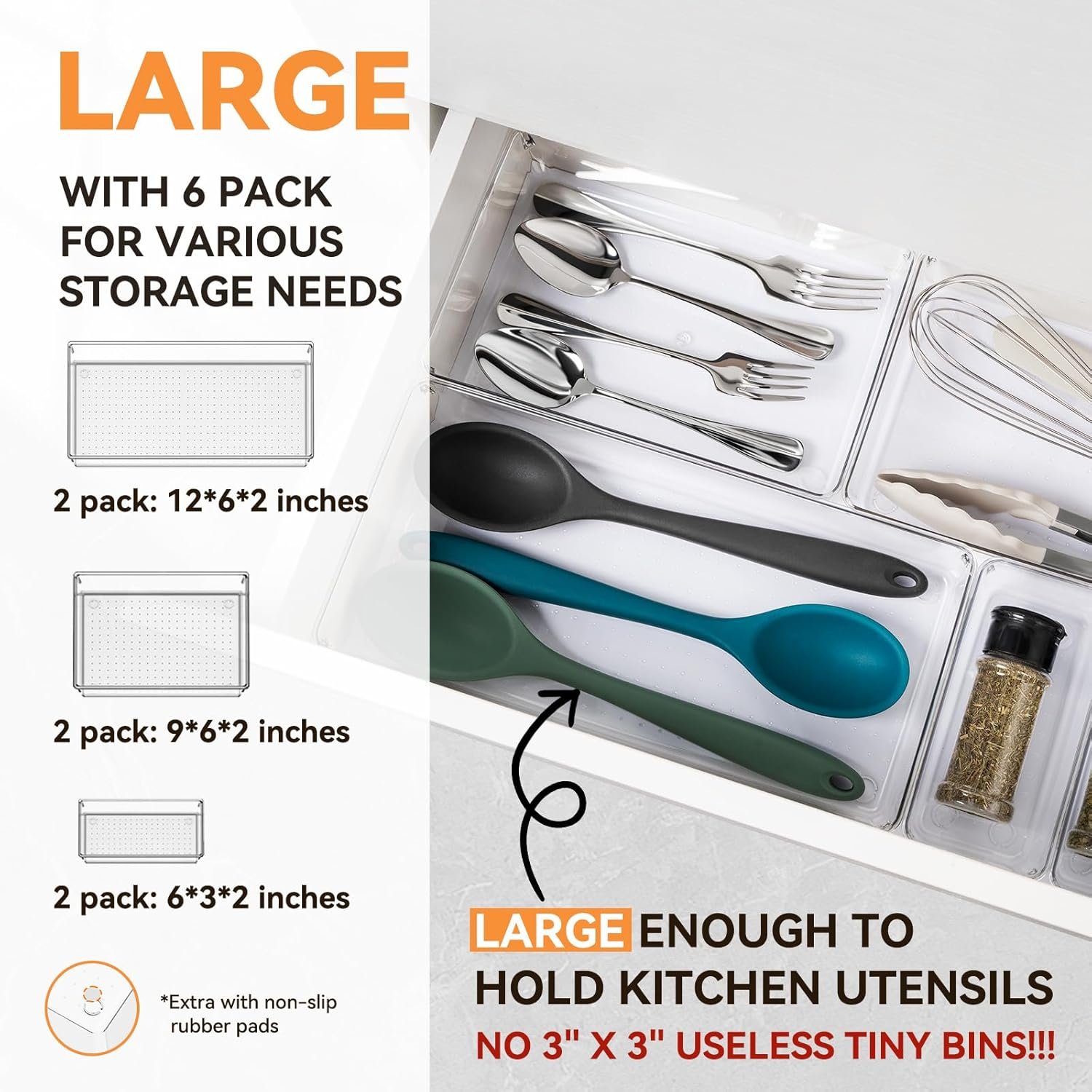 oem odm 6 pack large clear plastic drawer organizer trays, acrylic kitchen drawer organization and storage dividers, non-slip storage bins for makeup, kitchen utensils, bathroom, jewelries and office desk factory & wholesale supplier