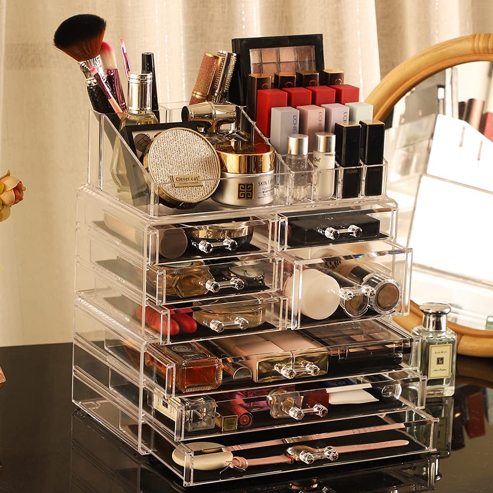 oem odm cq acrylic 3 pack clear make up organizers - stackable 8 drawer organizer for vanity, desk, jewelry, beauty & skincare products factory & wholesale supplier