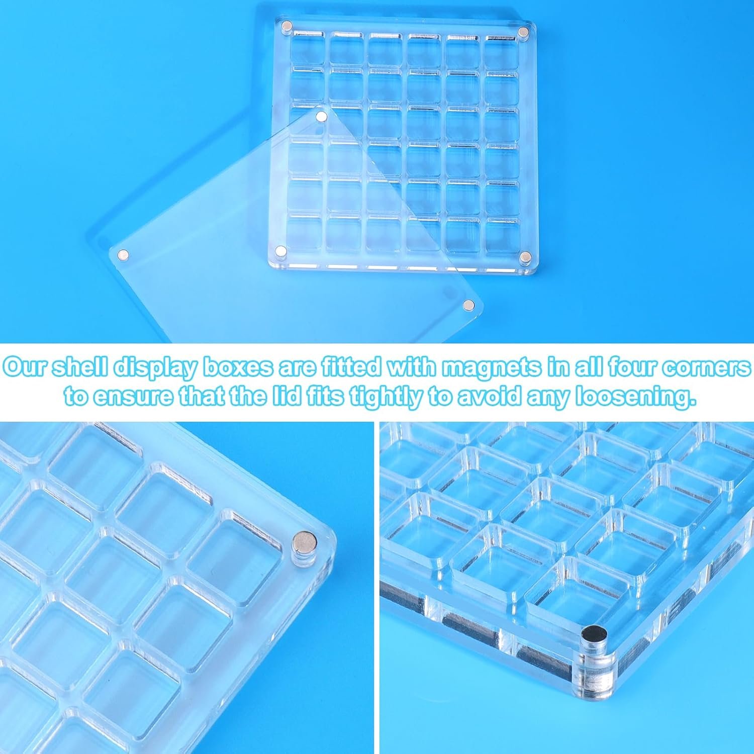 wholesale acrylic seashell display box,clear sea shell holder display box,beach shelling collecting tools,storage organizer tiny case for seashell diamond beads (4 pack-144 grids) factory & supplier oem odm