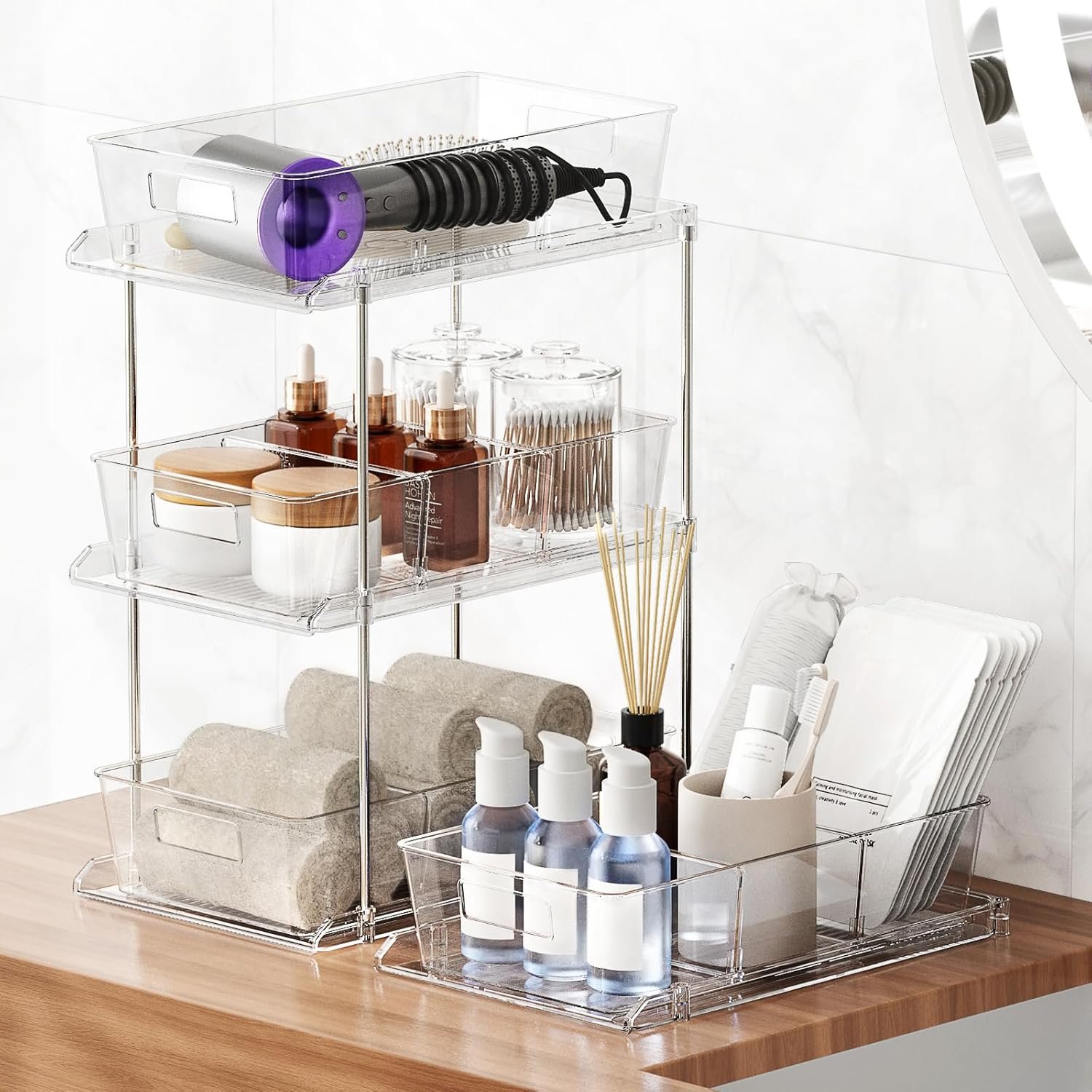 oem odm pull-out home organizer, 2 pack 2 tier clear bathroom organizer with dividers, multipurpose vanity counter tray, kitchen, closet organizers, cabinet & storage container bins factory & wholesale supplier