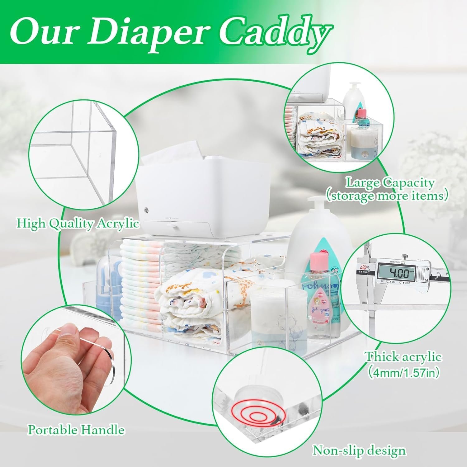 oem odm diaper caddy acrylic, baby changing table organizer, dresser tabletop organizer with 4 detachable compartments, storage for wipe dispenser, anti-slip rubber feet, newborn baby essentials, transparent factory & wholesale supplier