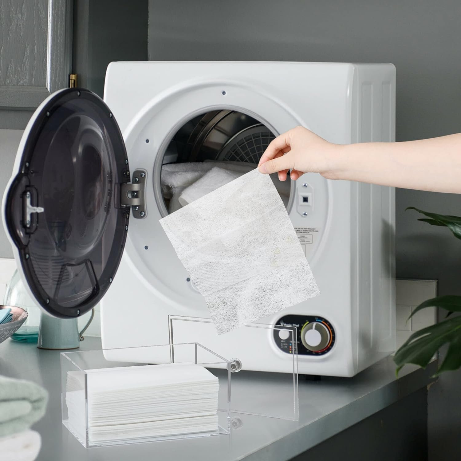 oem odm dryer sheet holder, dispenser, acrylic container storage box for laundry room organization, holds sheets, balls, clothes pins, laundry pods factory & wholesale supplier