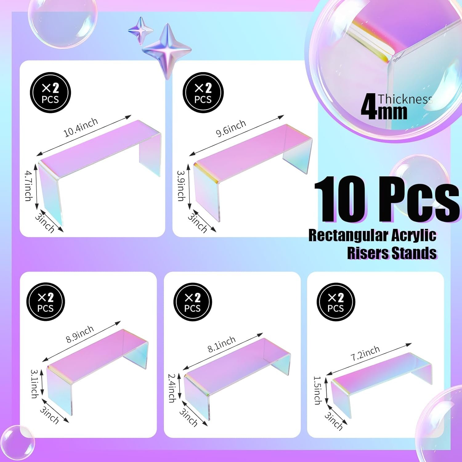 oem odm handmake iridescent risers display stands, 10 pack durable acrylic product shelf riser for retail, colorful rectangle showcase stand for vendor display perfume jewelry purses clutch figure collectible factory & wholesale supplier