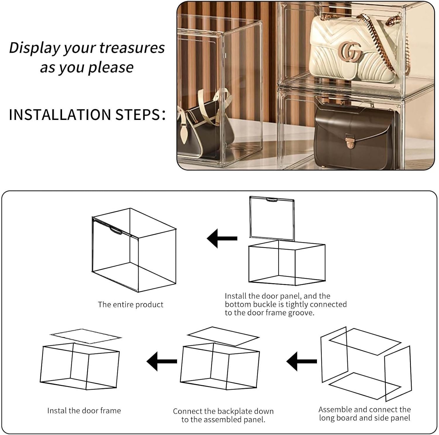 oem odm clear acrylic display case with magnetic attraction lid, purse storage box with magnetic door, plastic storage bins, large figures collectibles showcase, shoe box, bag organizer factory & wholesale supplier