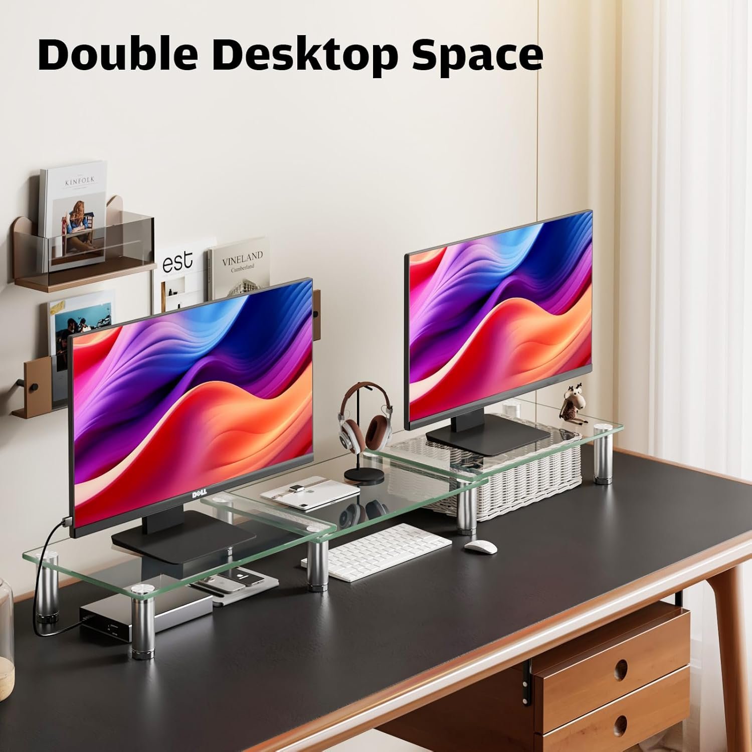 oem odm hemudu dual monitor stand -adjustable length and angle dual monitor riser, desktop organizer for pc, computer, laptop (clear) factory & wholesale supplier