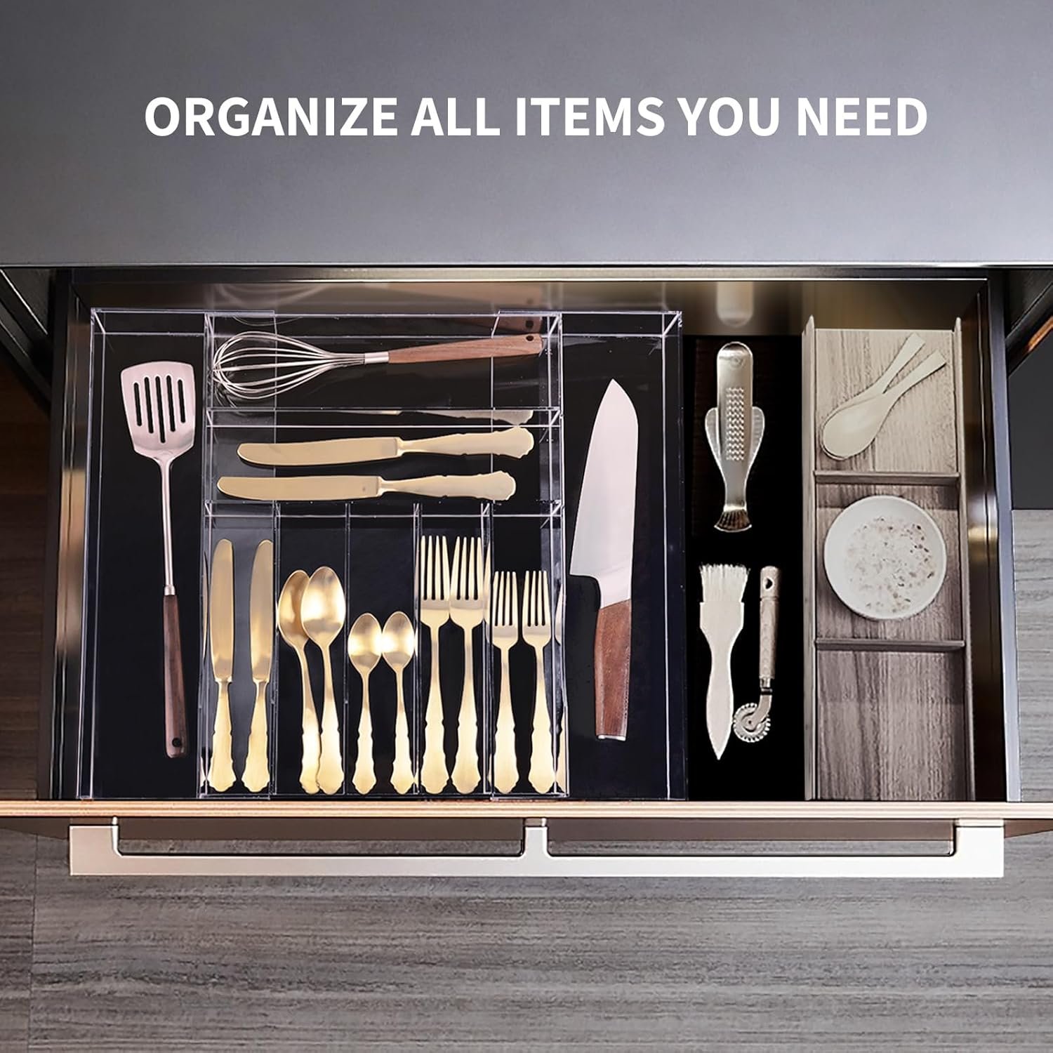 oem odm clear acrylic drawer organizer for kitchen utensils and flatware, adjustable silverware tray with 9 compartments for drawers, office, and bathroom storage factory & wholesale supplier
