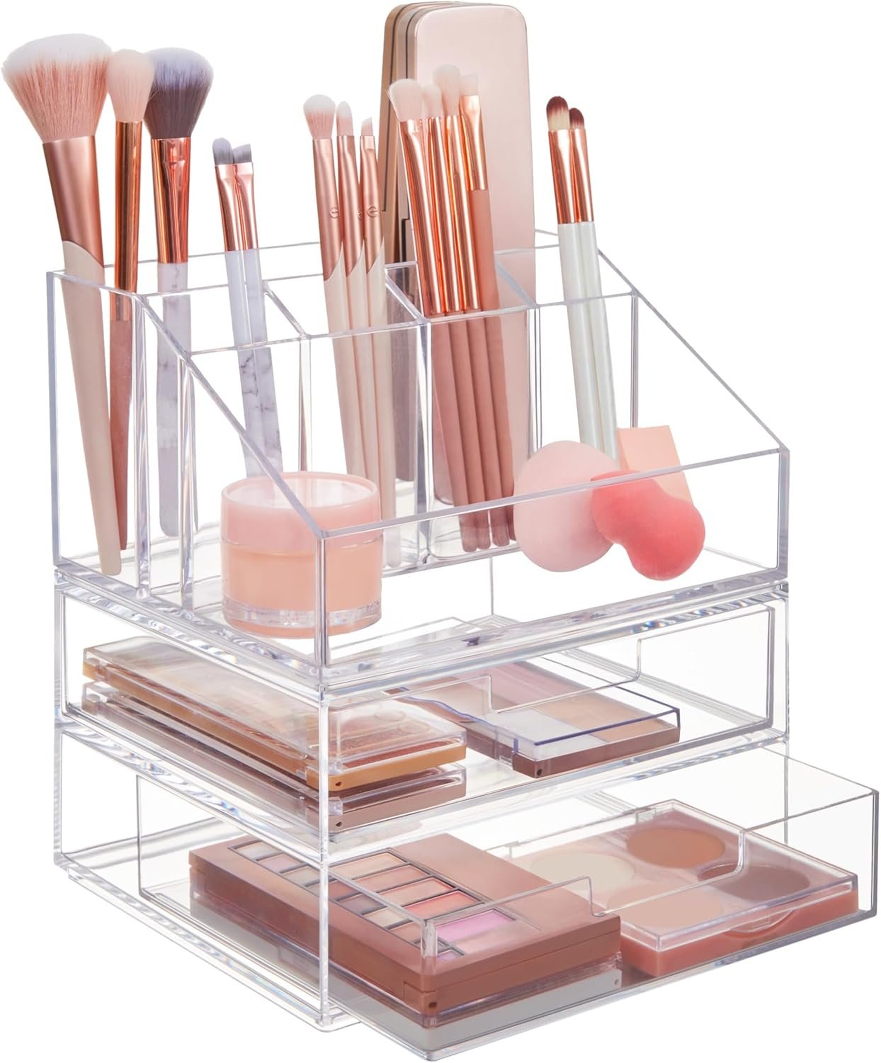 oem odm stori chloe stackable clear makeup brush holder and drawer organizer set, organize brushes, cosmetics, and beauty supplies, made in usa factory & wholesale supplier