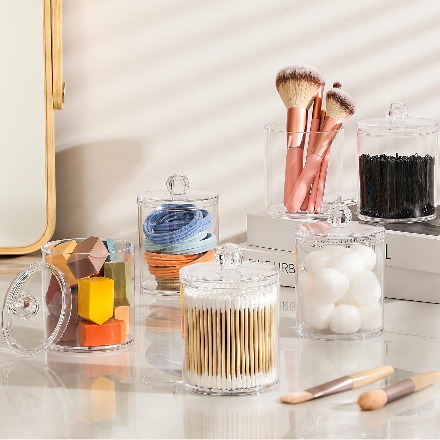 oem odm 4 pack acrylic qtip holder dispenser for cotton swabs, balls, pads, floss picks- small clear plastic canister apothecary jar set, bathroom essentials accessories decor, vanity makeup storage organizer factory & wholesale supplier