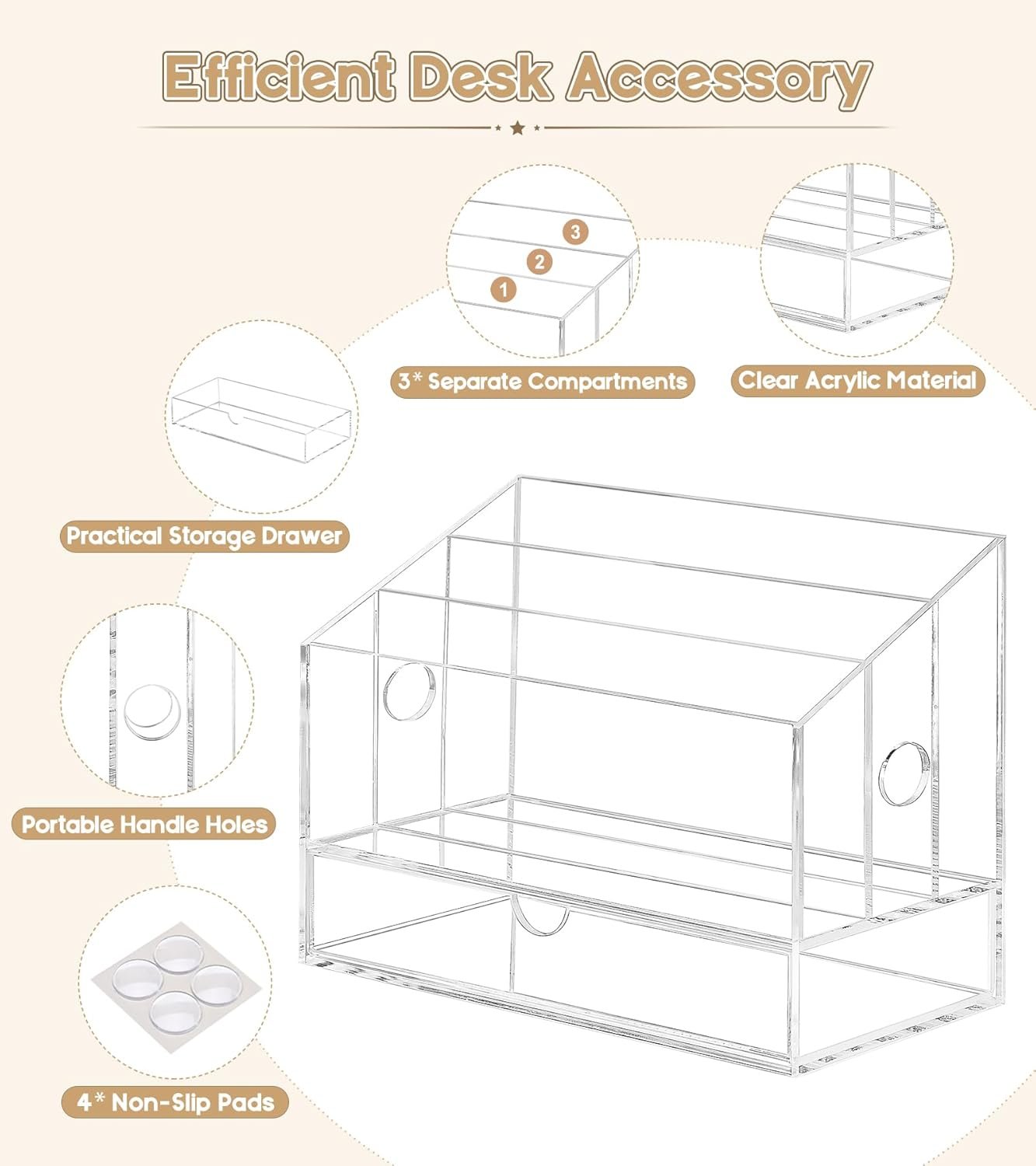 oem odm acrylic desk organizer, clear countertop file organizer with drawer, office mail document paper sorter, 3 compartments, smalll factory & wholesale supplier
