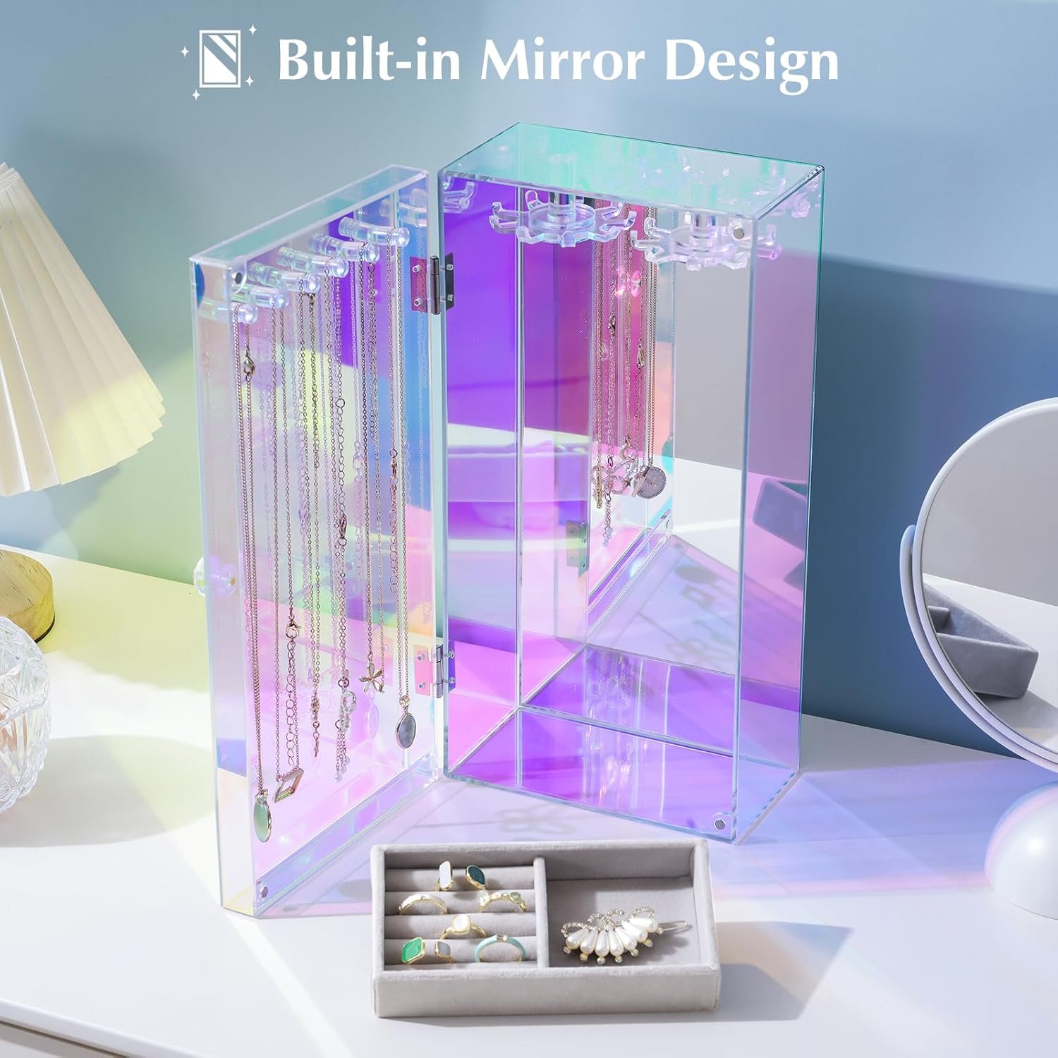 oem odm lolalet necklace holder organizer, acrylic jewelry organizer with 24 hooks, rotating clear necklaces display box with built-in mirror, dust-proof jewelry storage case with velvet tray -lasermirror factory & wholesale supplier