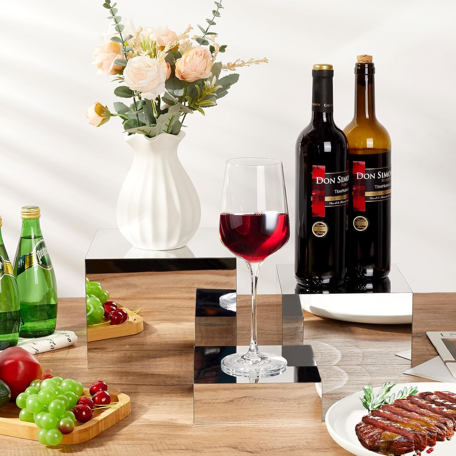 oem odm 3 pcs acrylic risers for display, acrylic cube box food display risers stand shelf for catering dessert collectibles jewelry figures party (silver3pc) factory & wholesale supplier