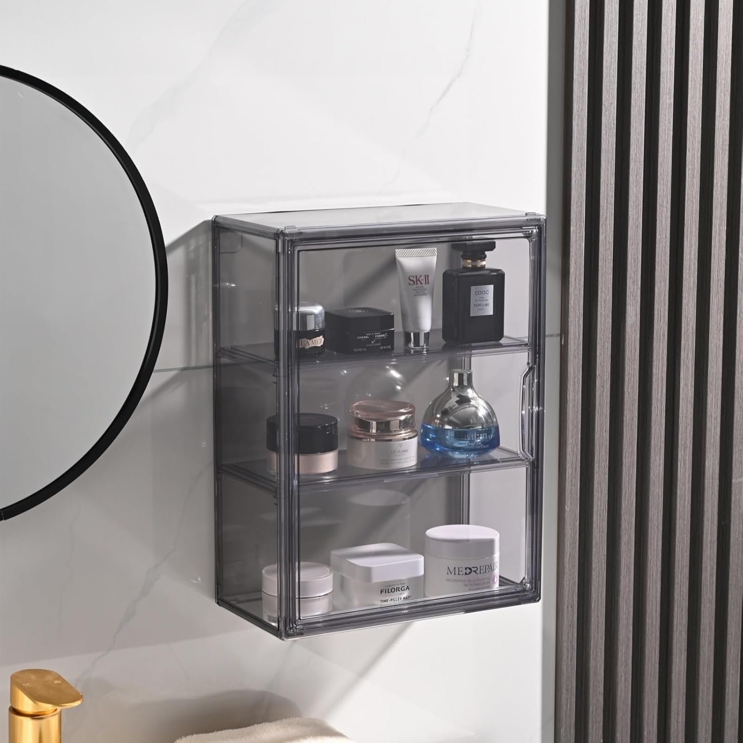 wholesale 3 tiers acrylic display case with 2 division boards, acrylic storage organizers box with magnetic door, wall-mounted dustproof showcase for makeups, purses, figure factory & supplier oem odm