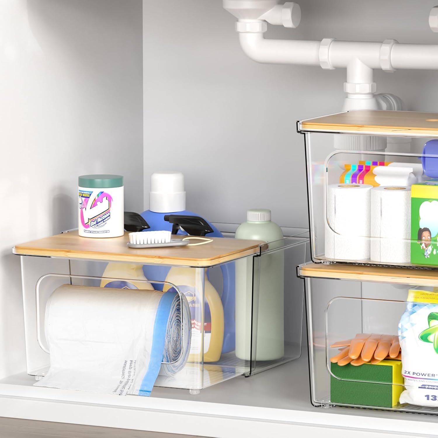 oem odm trash bag dispenser holder - 2 in 1 clear acrylic plastic garbage bags container with bamboo lid storage box for kitchen pantry laundry room organization, large trash bag organizer under sink factory & wholesale supplier