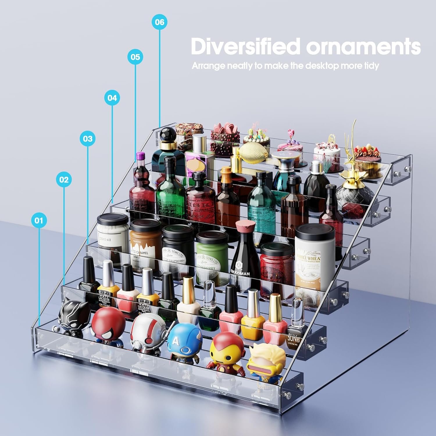 wholesale acrylic display shelf,risers display stands,perfume organizer,cupcake stand,tiered display stand,sticker display,card stands for display,card display stand,figure display，spice rack(6 tier) factory & supplier oem odm