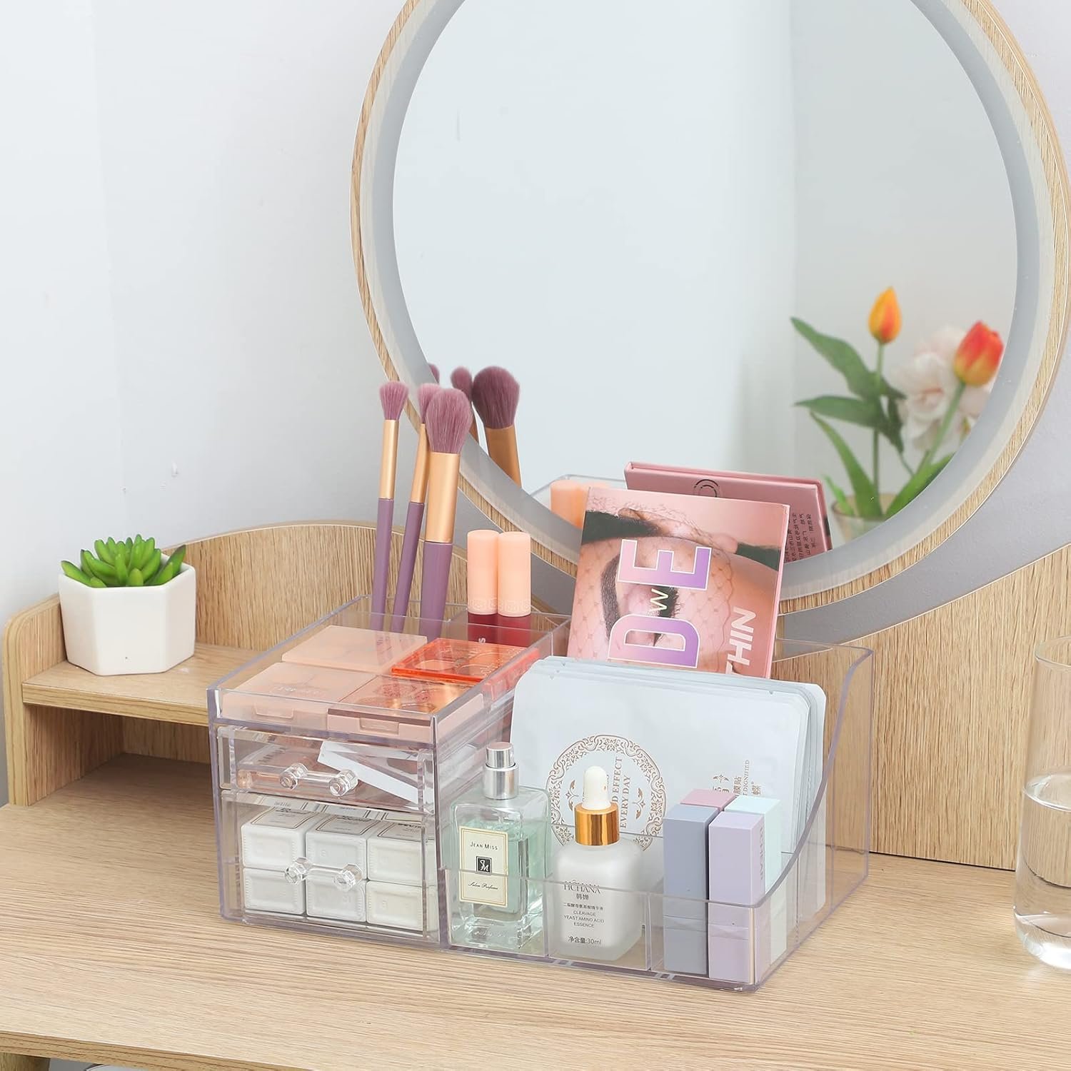 oem odm cq acrylic 1 pack clear skincare organizer for vanity,stackable 2 drawers make up organizer,cute cosmetic organizer for vanity jewelry,hair clip,beauty,skincare product dresser acrylic desk organizer factory & wholesale supplier