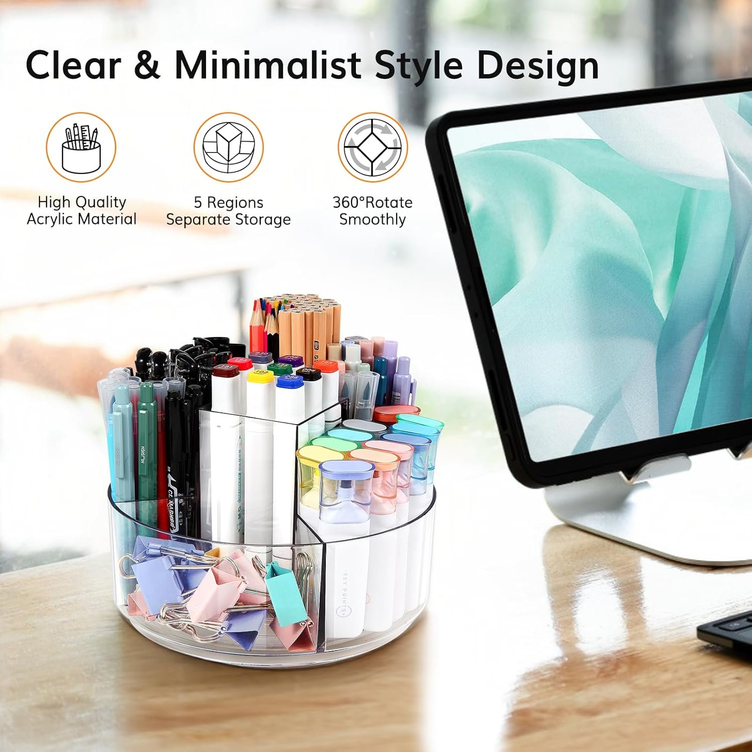oem odm rotating pencil holder for desk, 5 slots 360-degree spinning acrylic pen holder for desk, marker holder caddy art supply organizer pen organizer for office home school factory & wholesale supplier